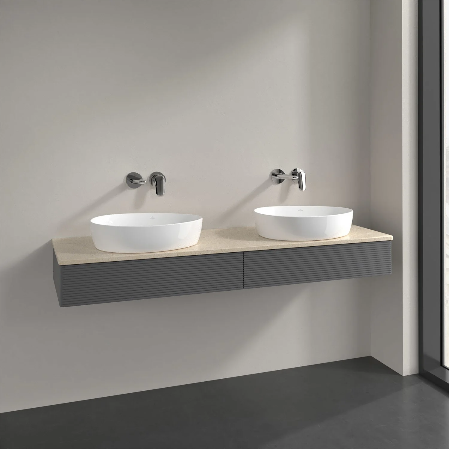 Podwójna umywalka z bateriami ściennymi w łazience, Villeroy & Boch