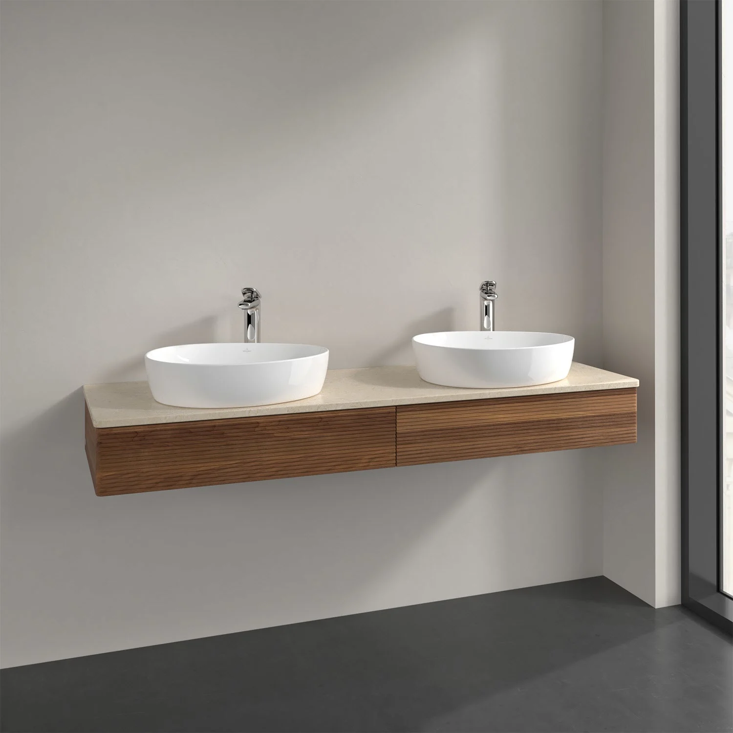 Podwójna umywalka z drewnianą szafką w łazience, Villeroy & Boch