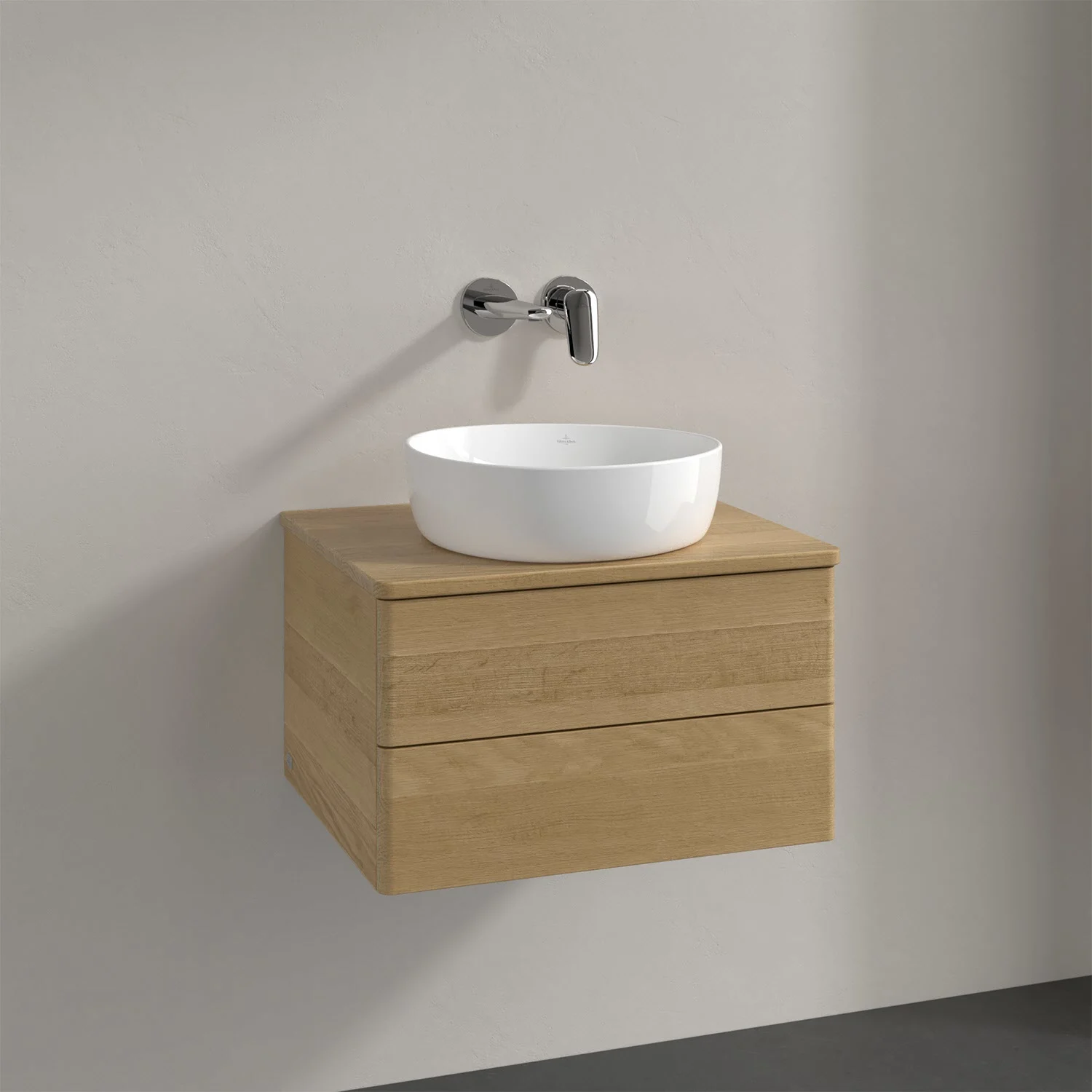 Drewniana umywalka z drewnianym blatem na ścianie, Villeroy & Boch