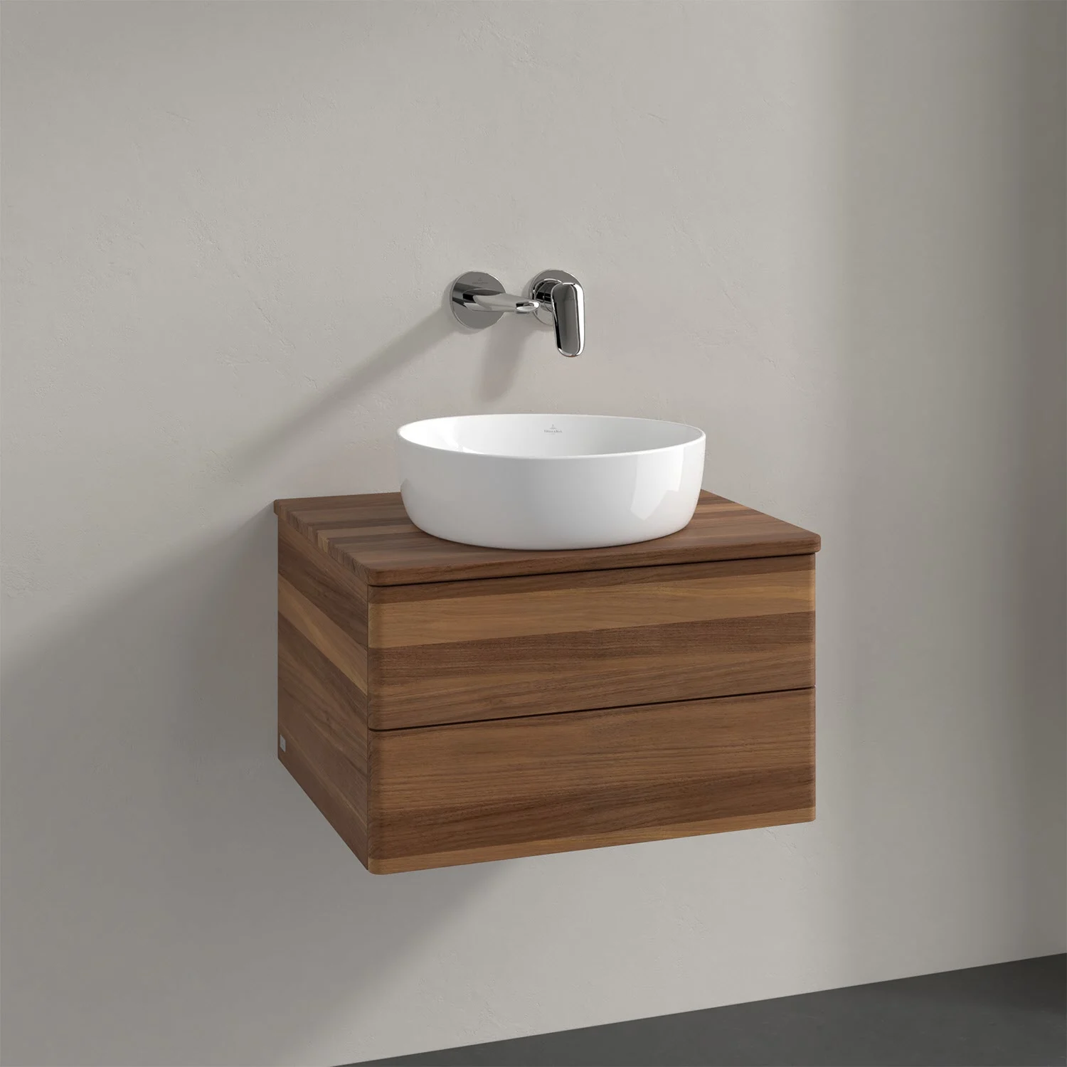 Umywalka z drewnianą powierzchnią widok z boku, Villeroy & Boch