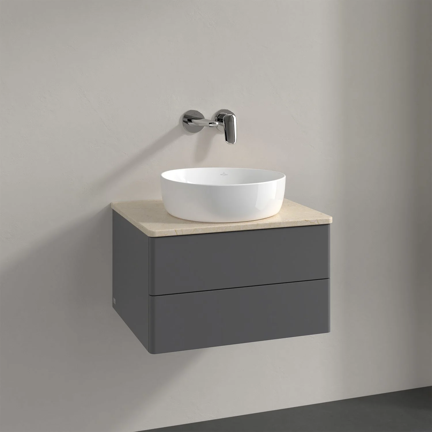 Szara szafka łazienkowa z okrągłą umywalką, Villeroy & Boch