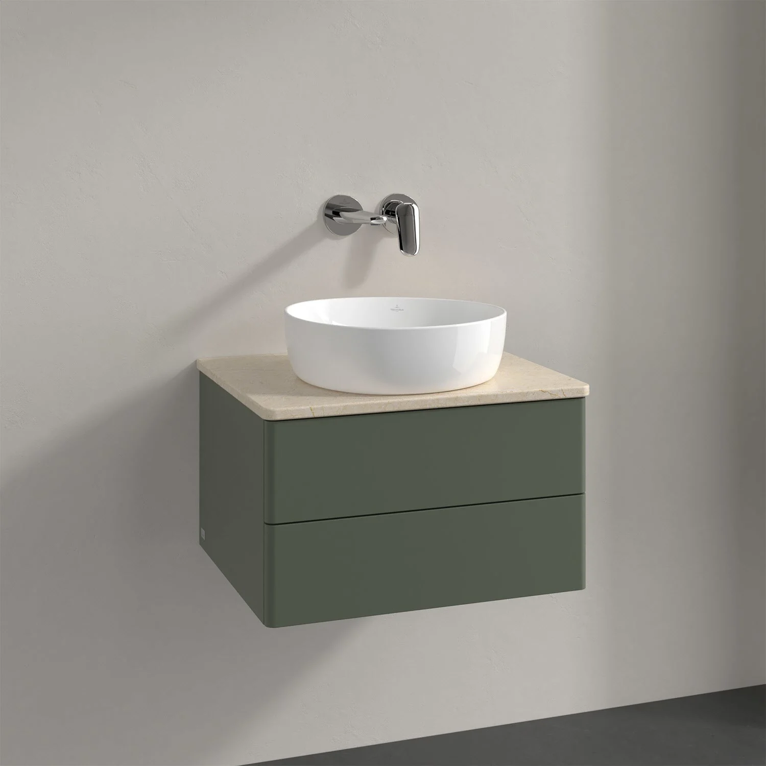 Zielona szafka z umywalką widok z boku, Villeroy & Boch