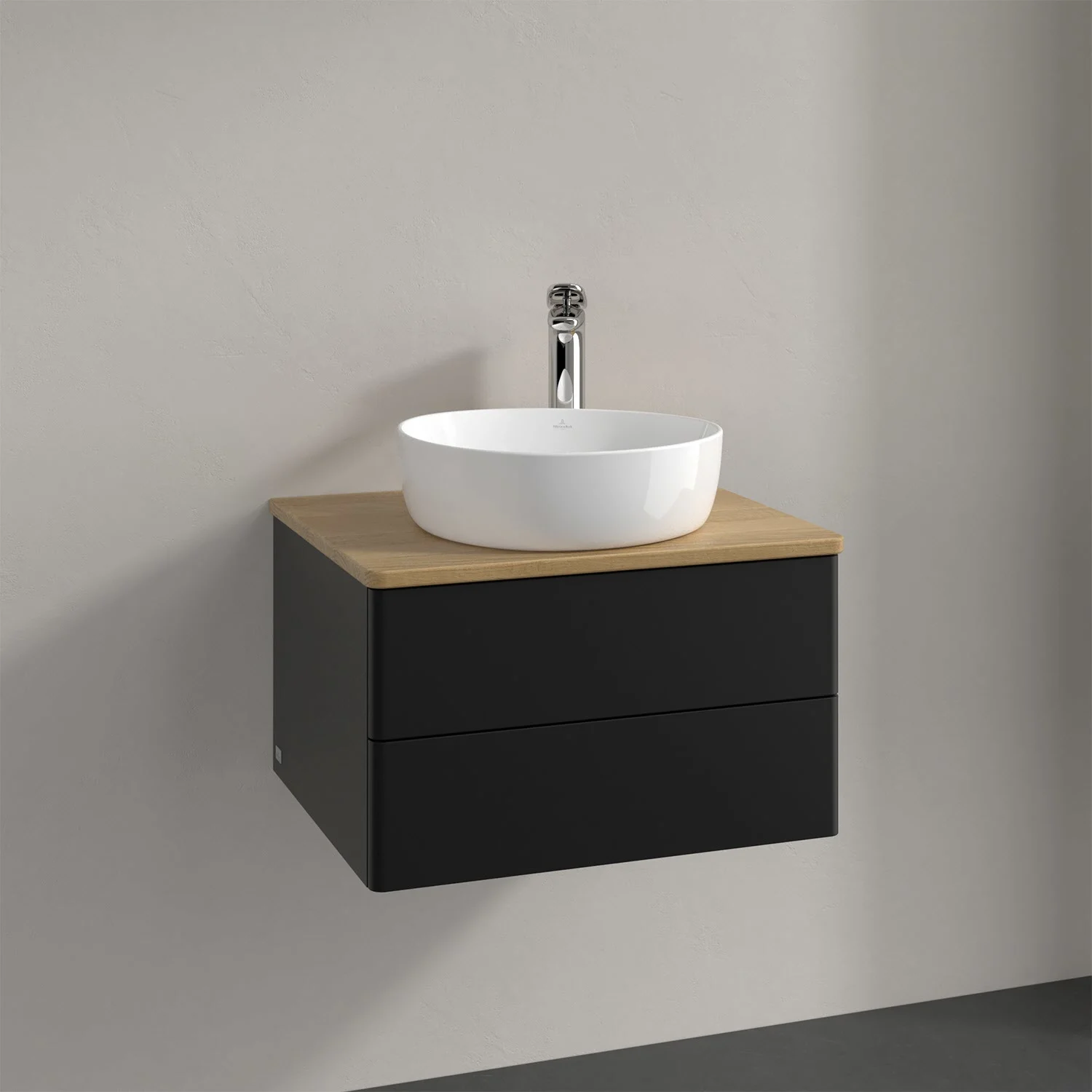 Umywalka z drewnianym blatem i czarną umywalką, Villeroy & Boch
