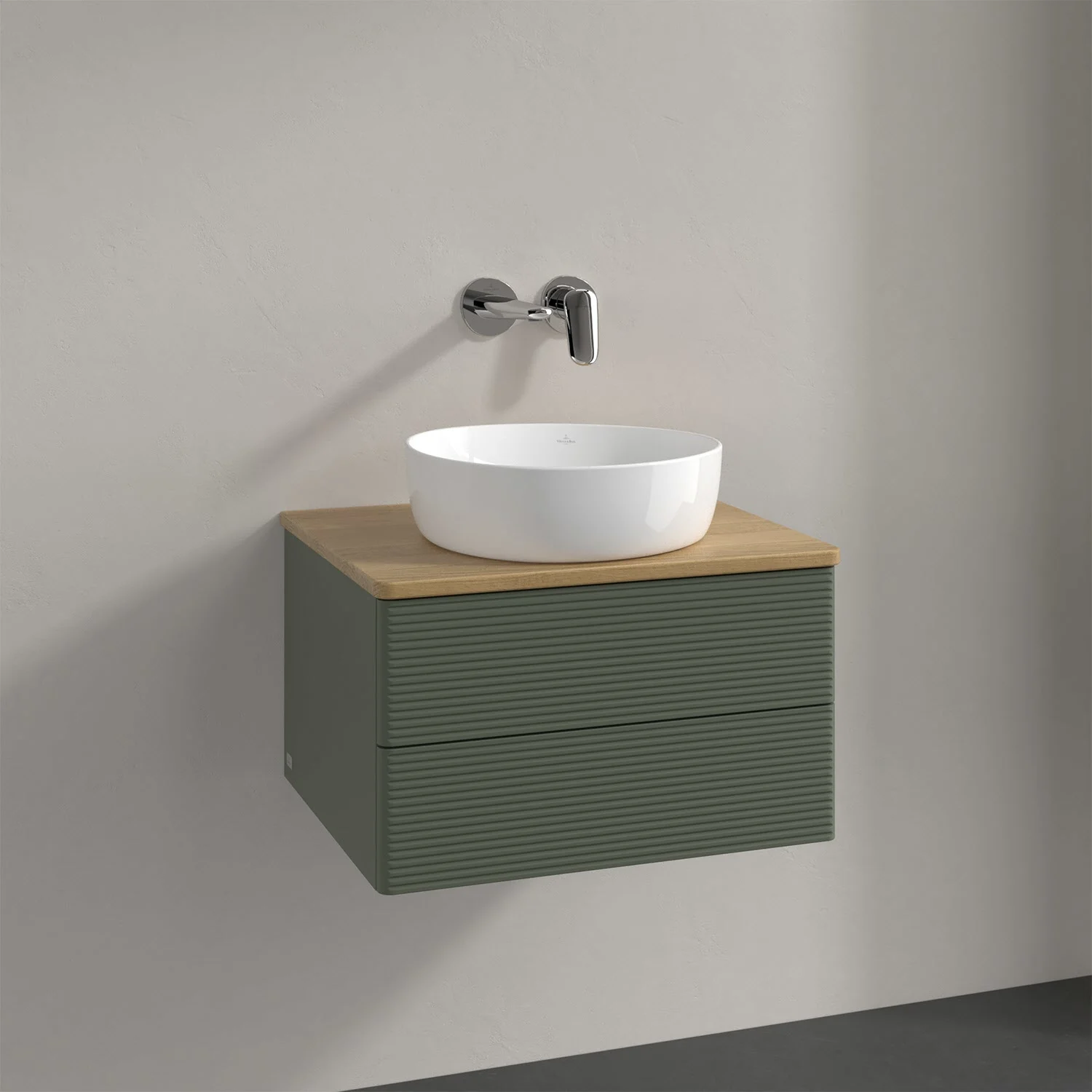 Umywalka z zieloną szafką i drewnianym blatem, Villeroy & Boch