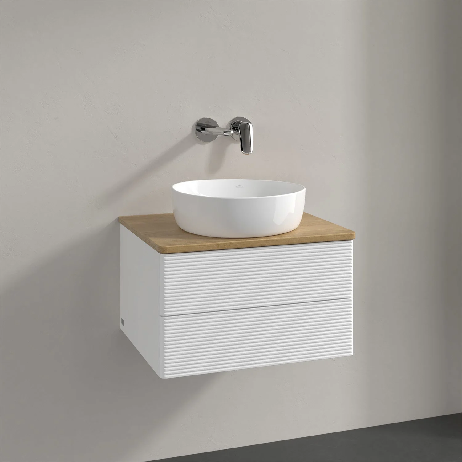 Umywalka z białą szafką i drewnianym blatem, Villeroy & Boch