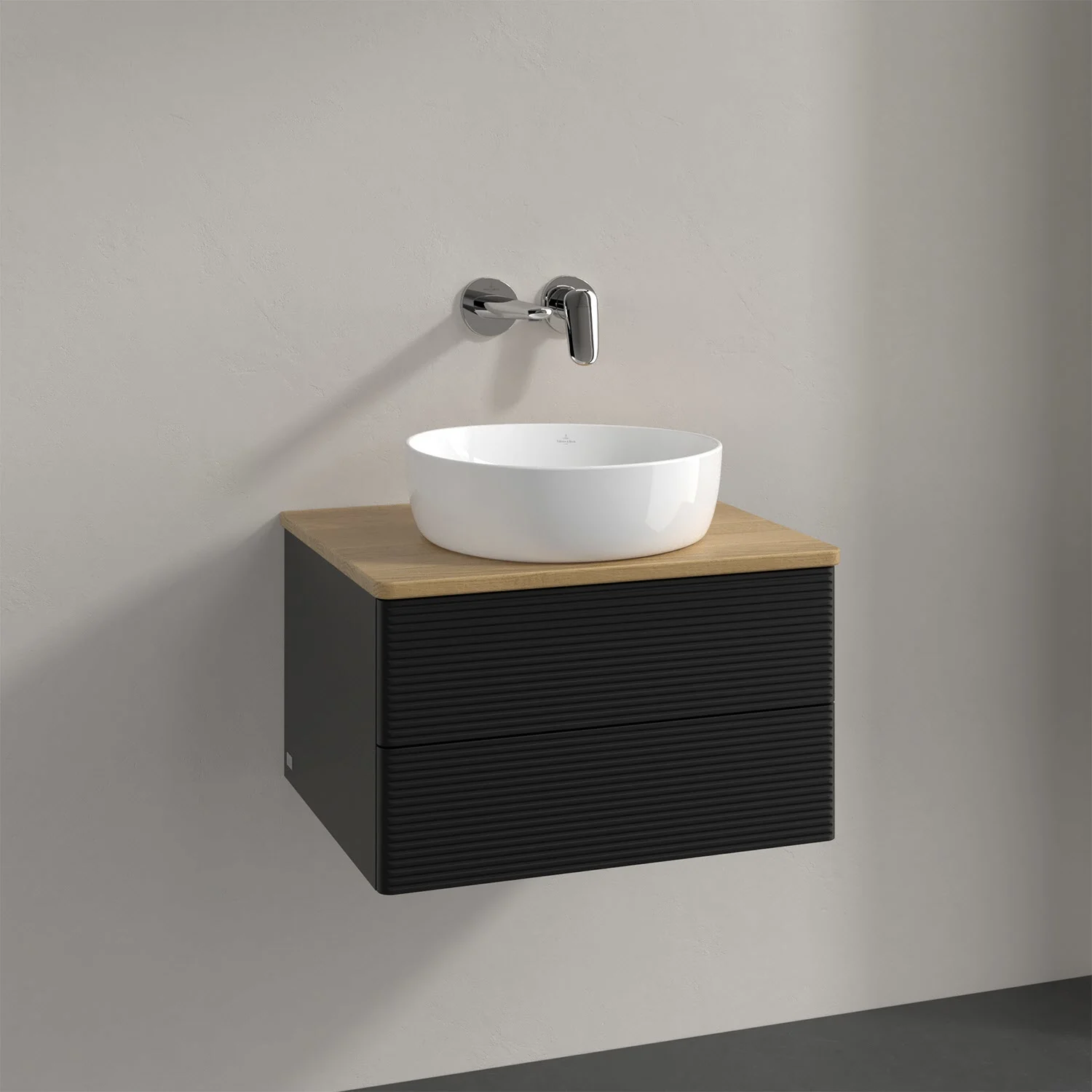 Umywalka z czarną szafką i drewnianym blatem, Villeroy & Boch