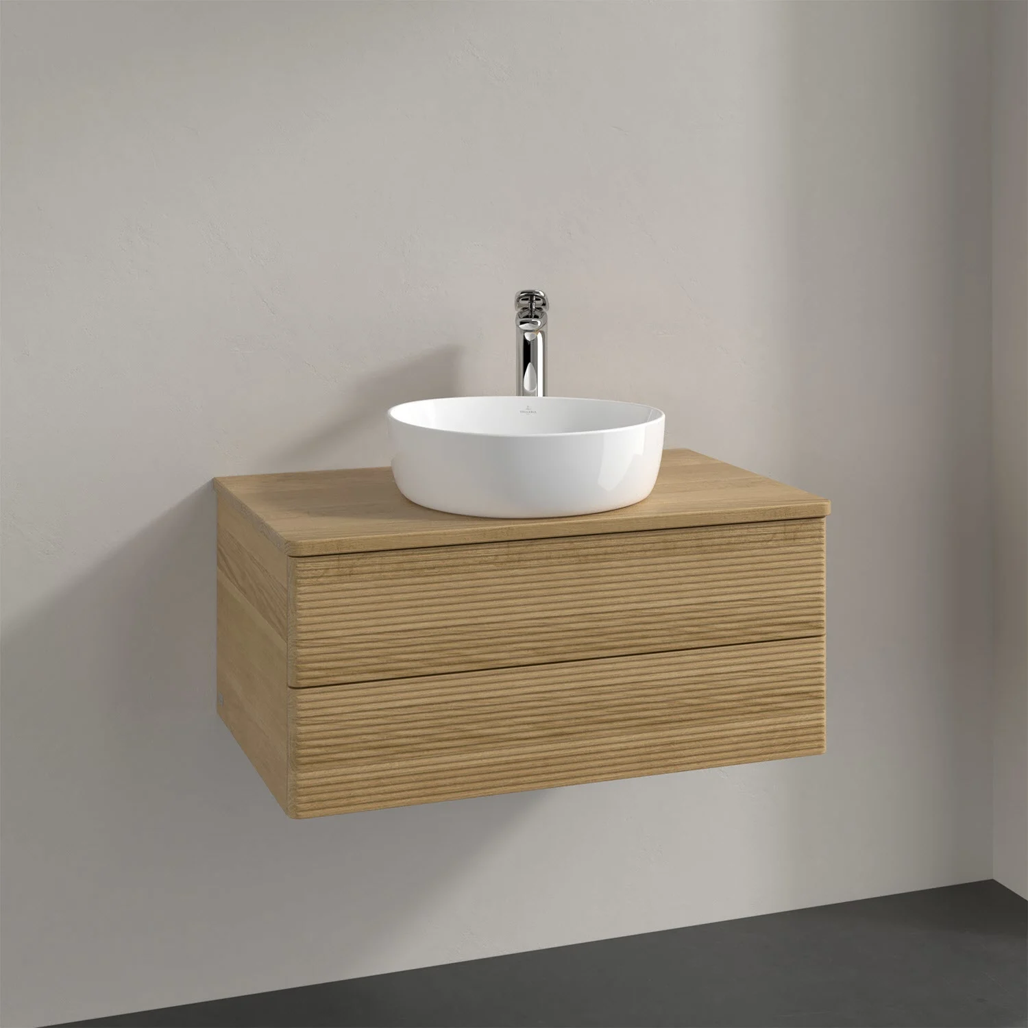 Umywalka w kolorze drewna z drewnianym blatem, widok z przodu, Villeroy & Boch