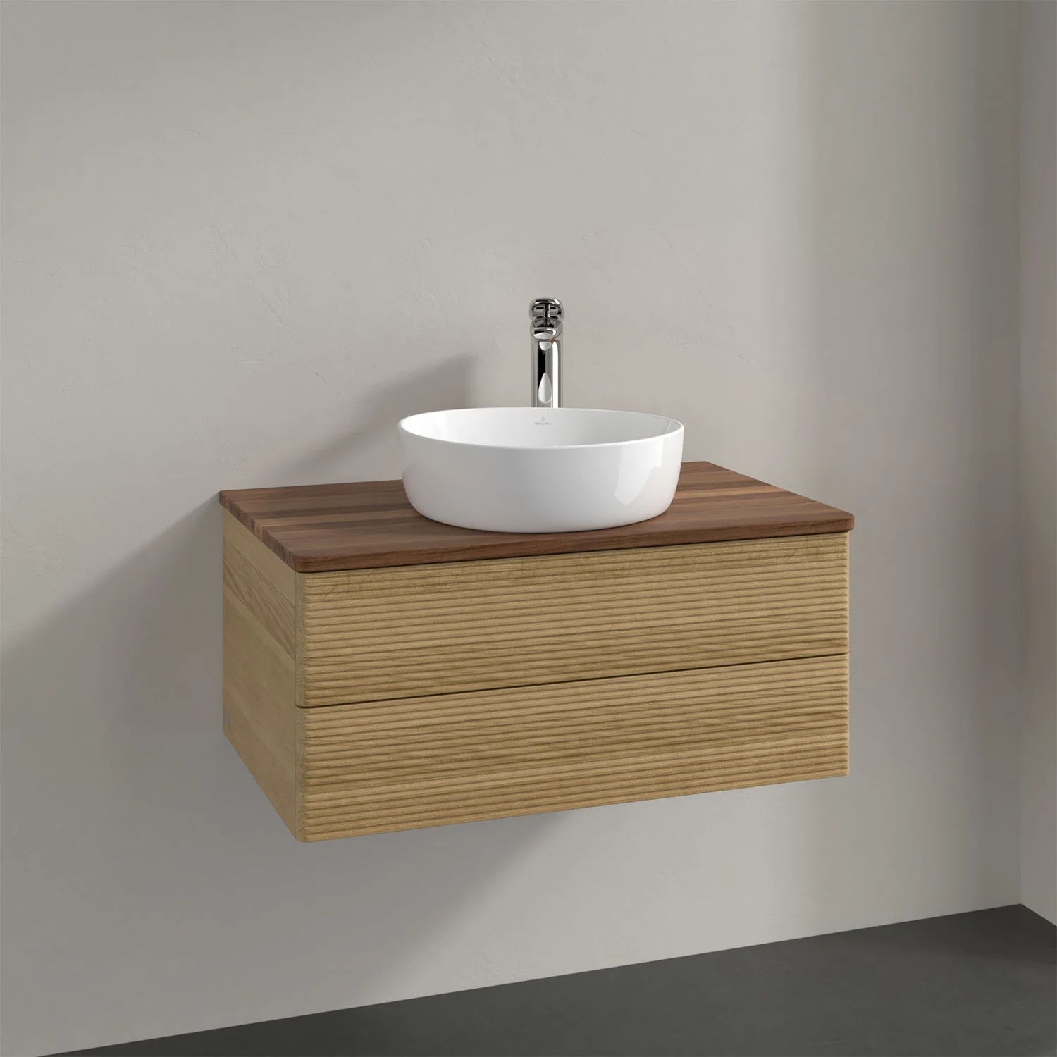 Drewniana umywalka z szafką w zbliżeniu, Villeroy & Boch