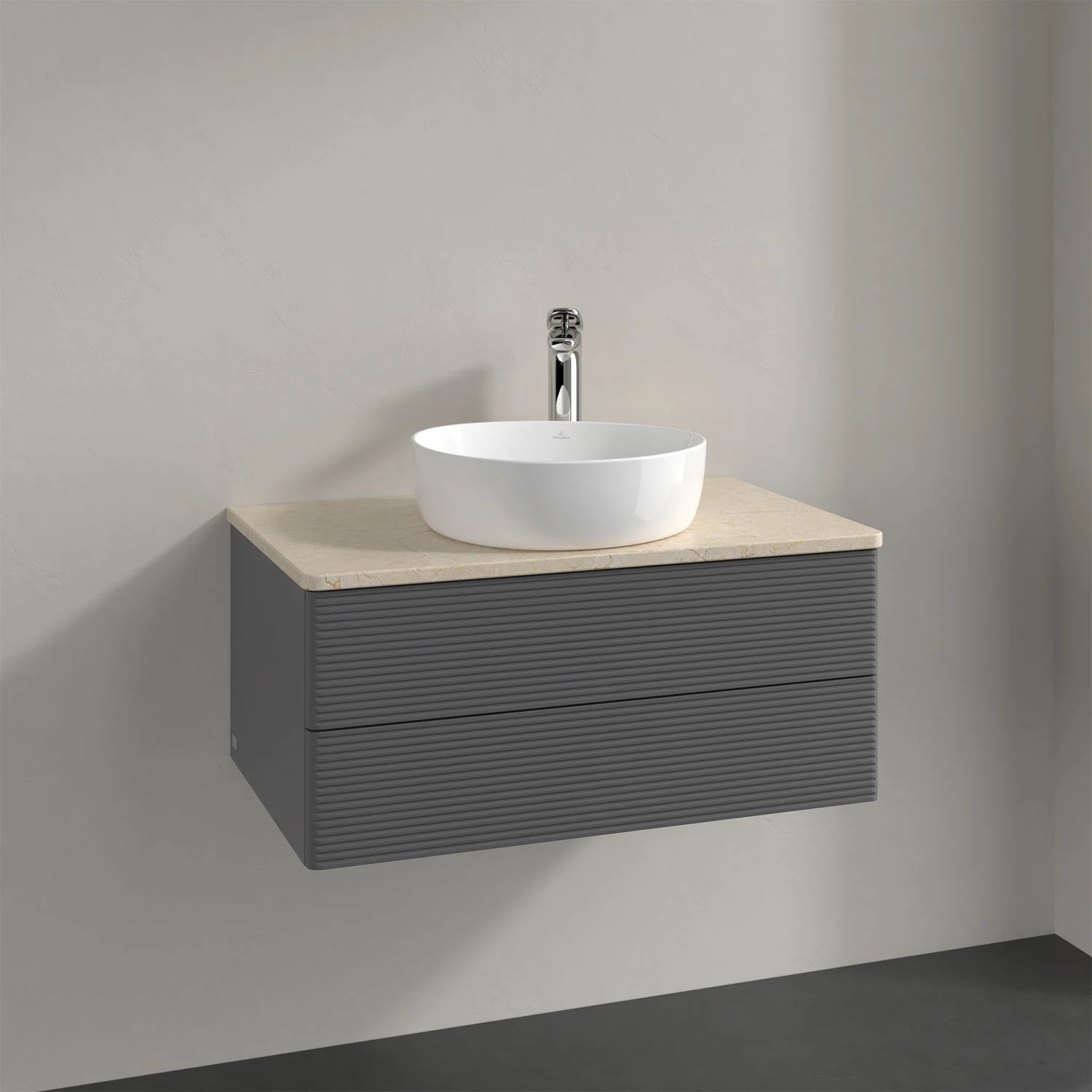 Szara umywalka z szafką w zbliżeniu, Villeroy & Boch