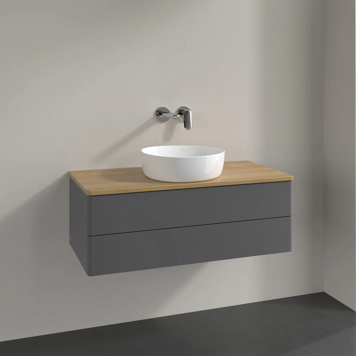 Szara umywalka z białą nablatową umywalką w łazience, Villeroy & Boch