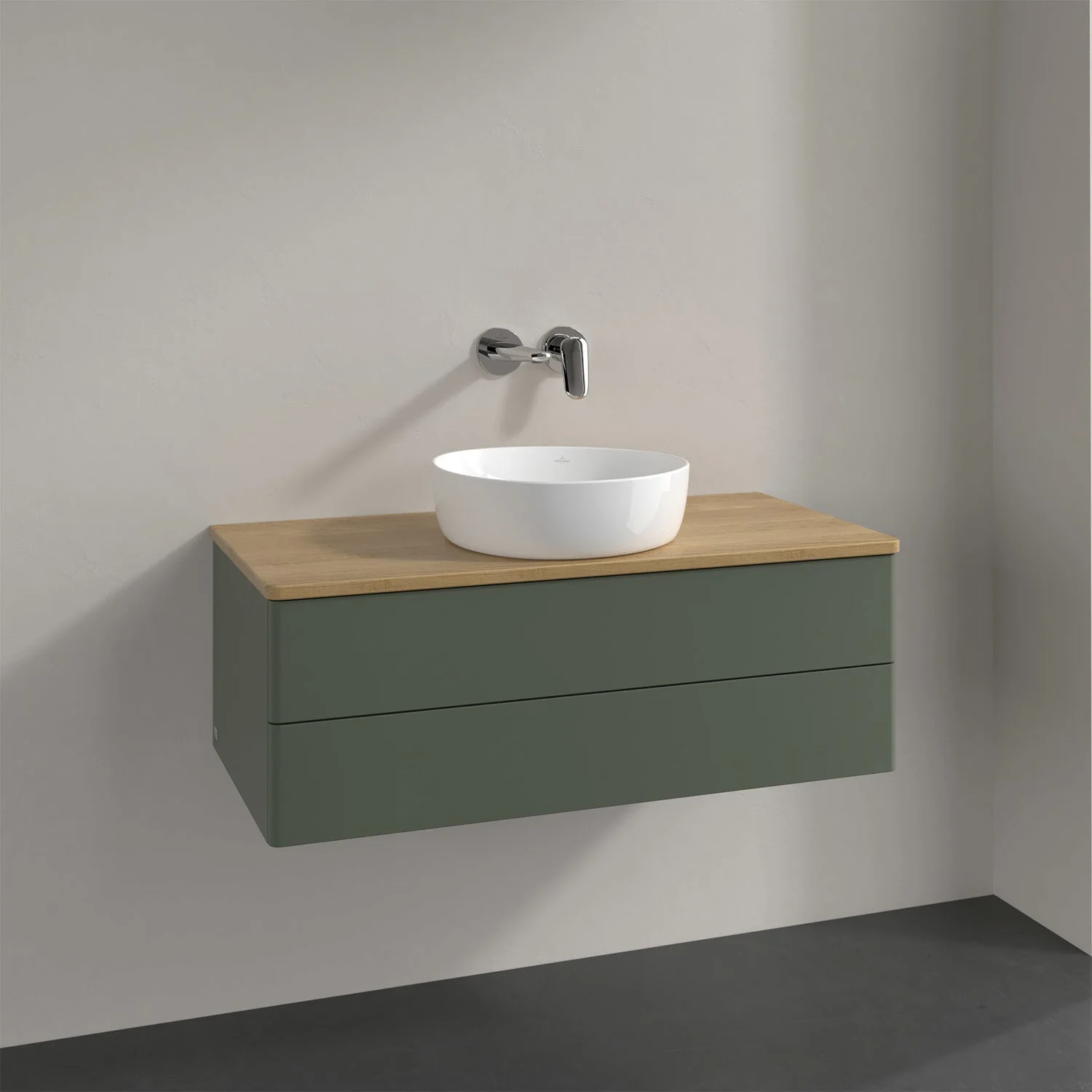 Zielona umywalka z białą nablatową umywalką w łazience, Villeroy & Boch
