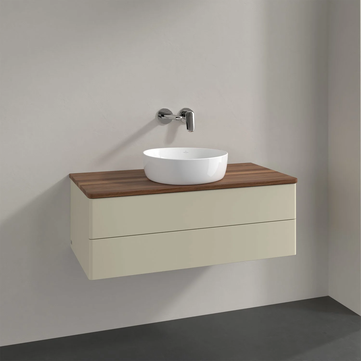 Umywalka z drewnianym blatem i białą umywalką, Villeroy & Boch