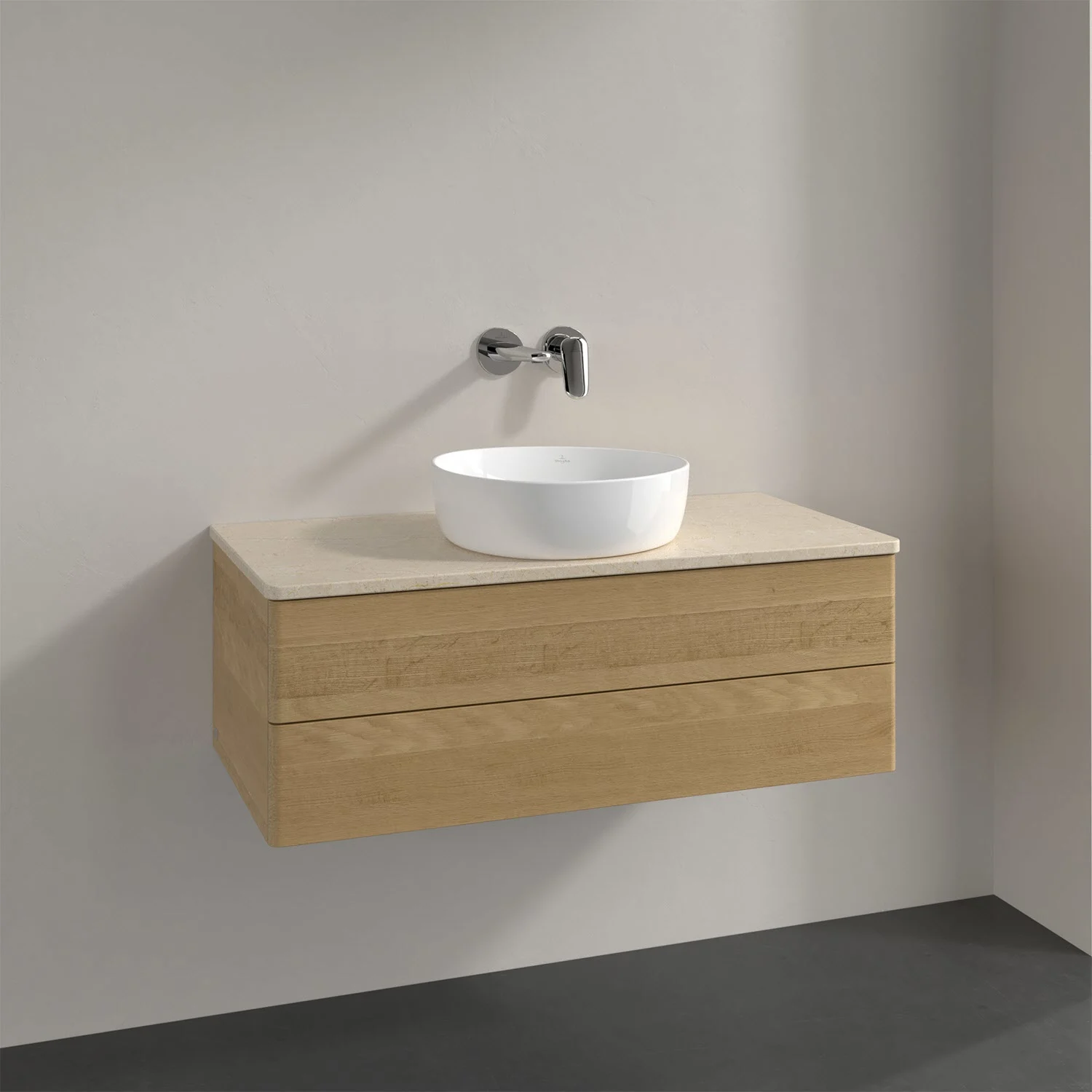 Umywalka z drewnianym wyglądem w zbliżeniu, Villeroy & Boch