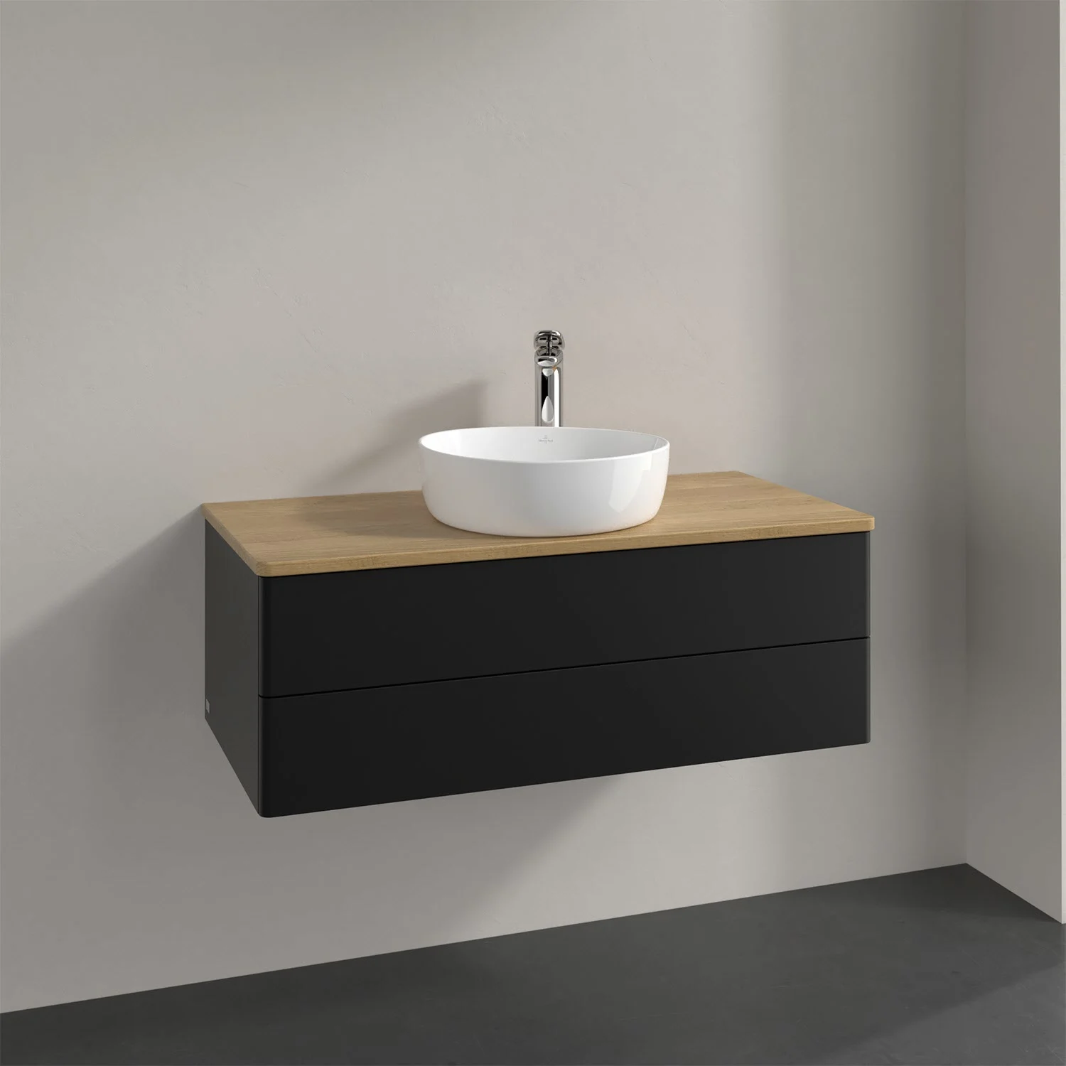 Umywalka z czarną szafką i drewnianym blatem, Villeroy & Boch