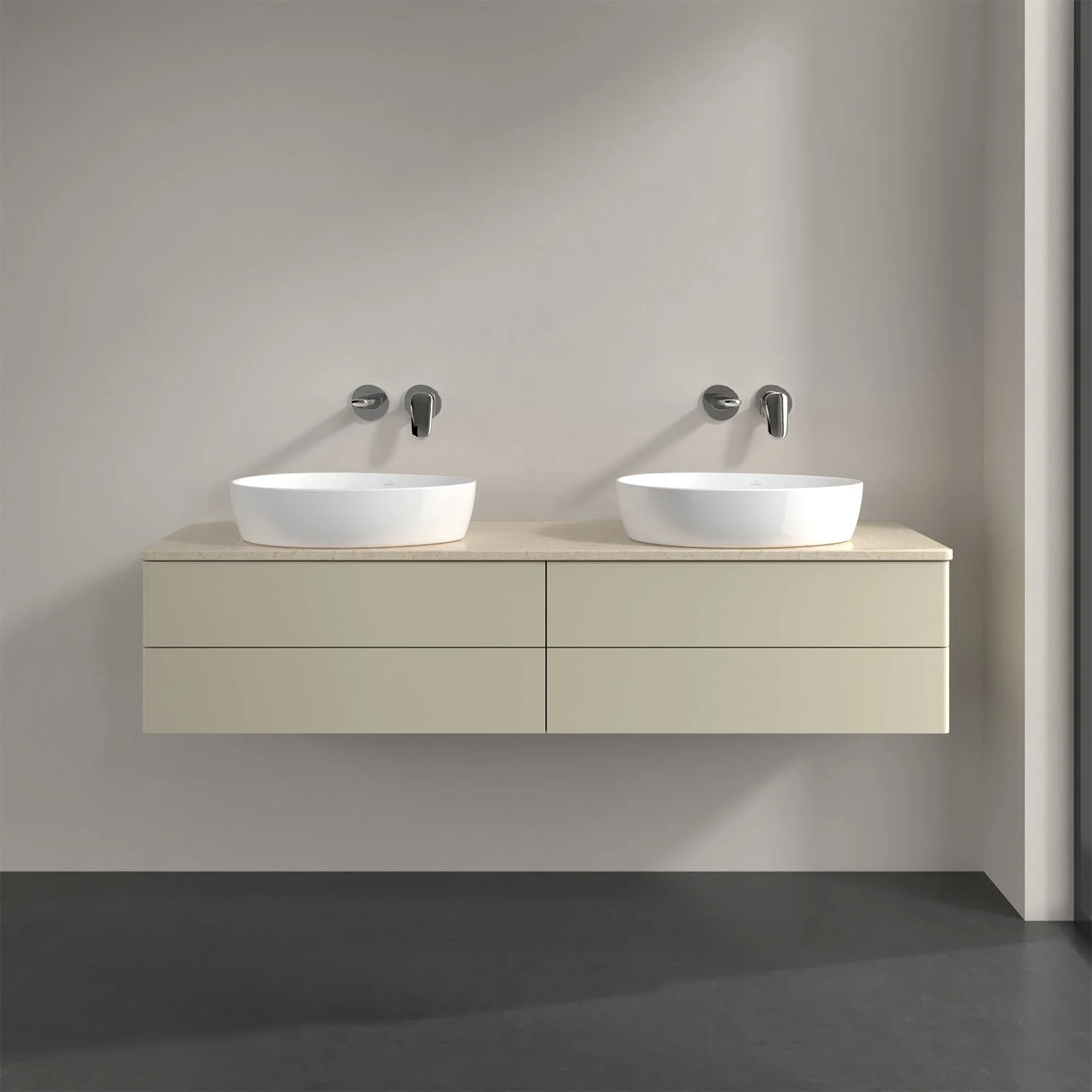 Podwójna umywalka z jasnobeżową szafką w łazience, Villeroy & Boch
