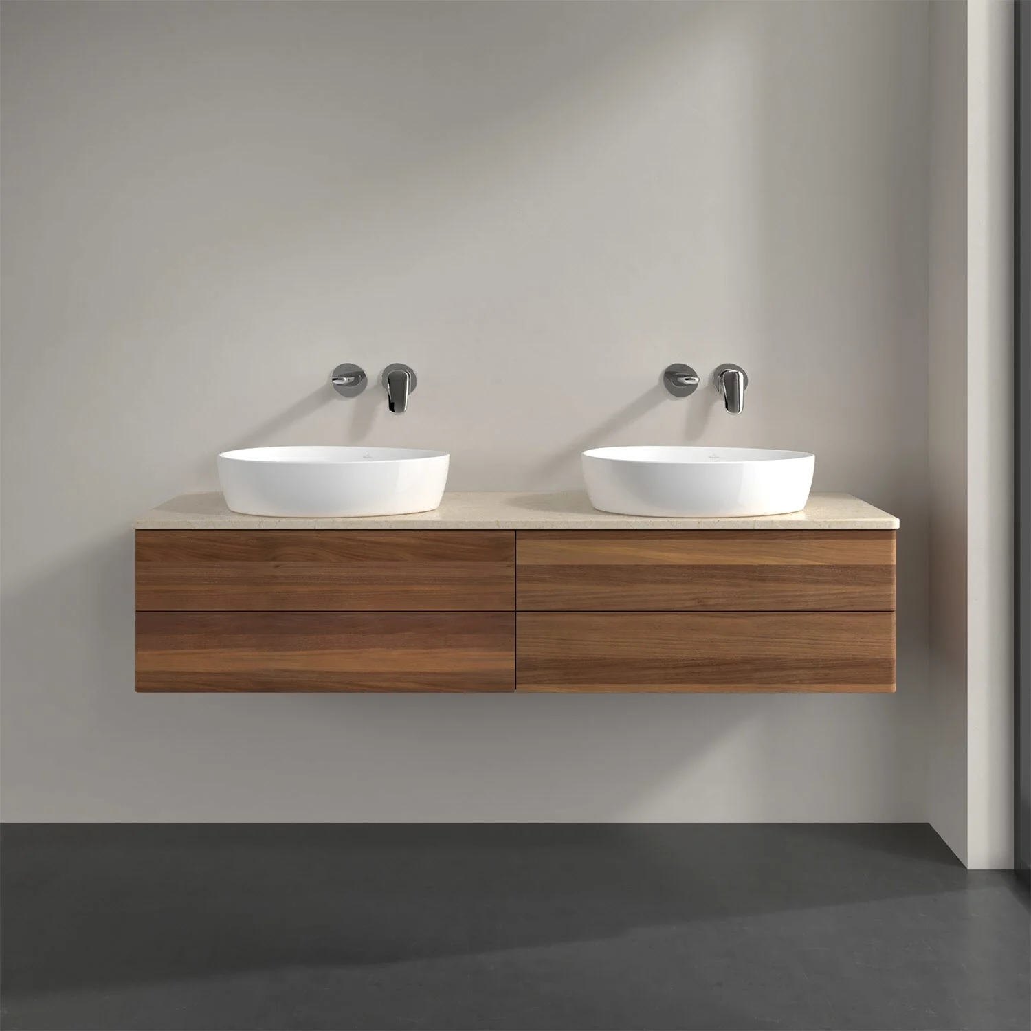 Podwójna umywalka z ciemną drewnianą szafką w łazience, Villeroy & Boch