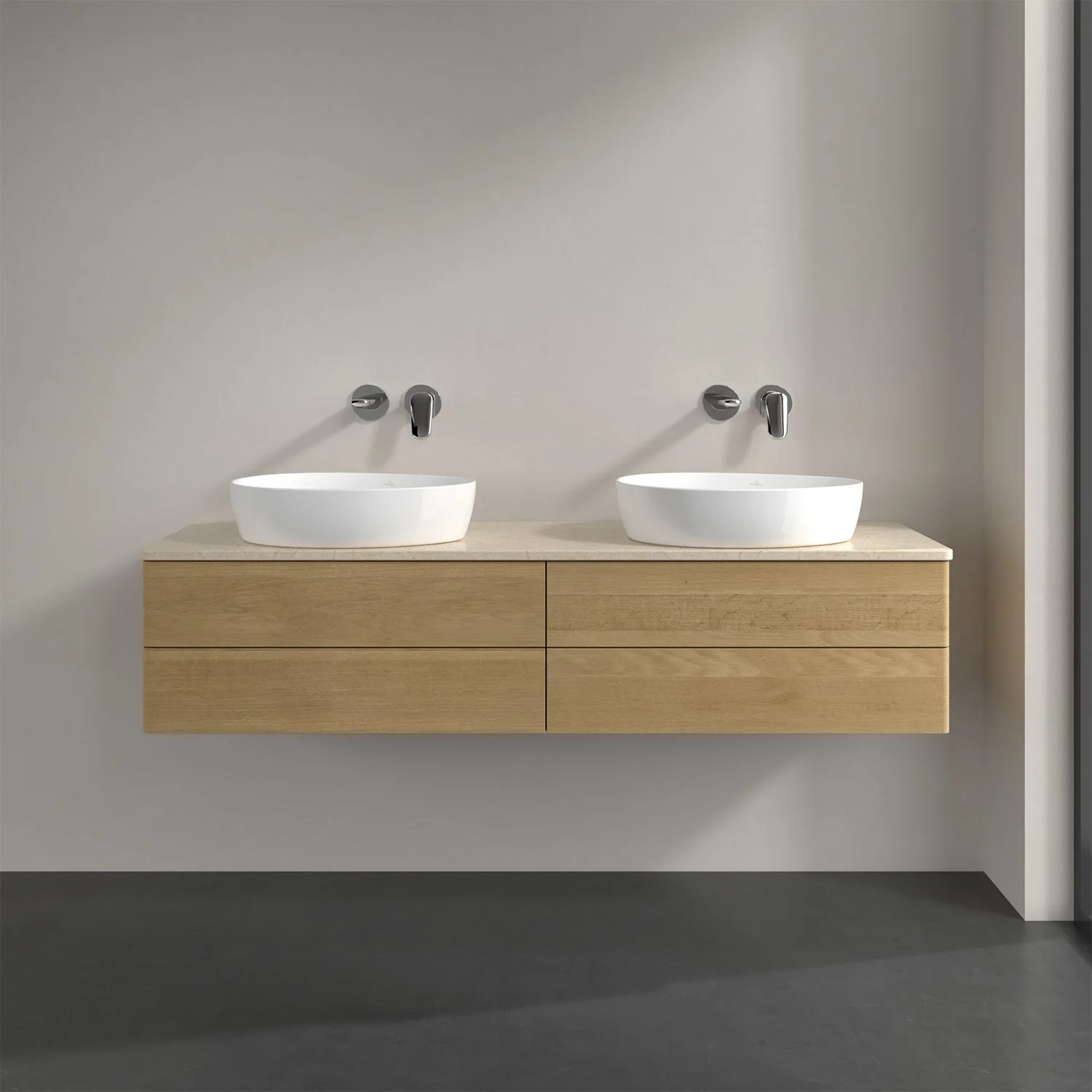 Podwójna umywalka z szafką w kolorze drewna w łazience, Villeroy & Boch