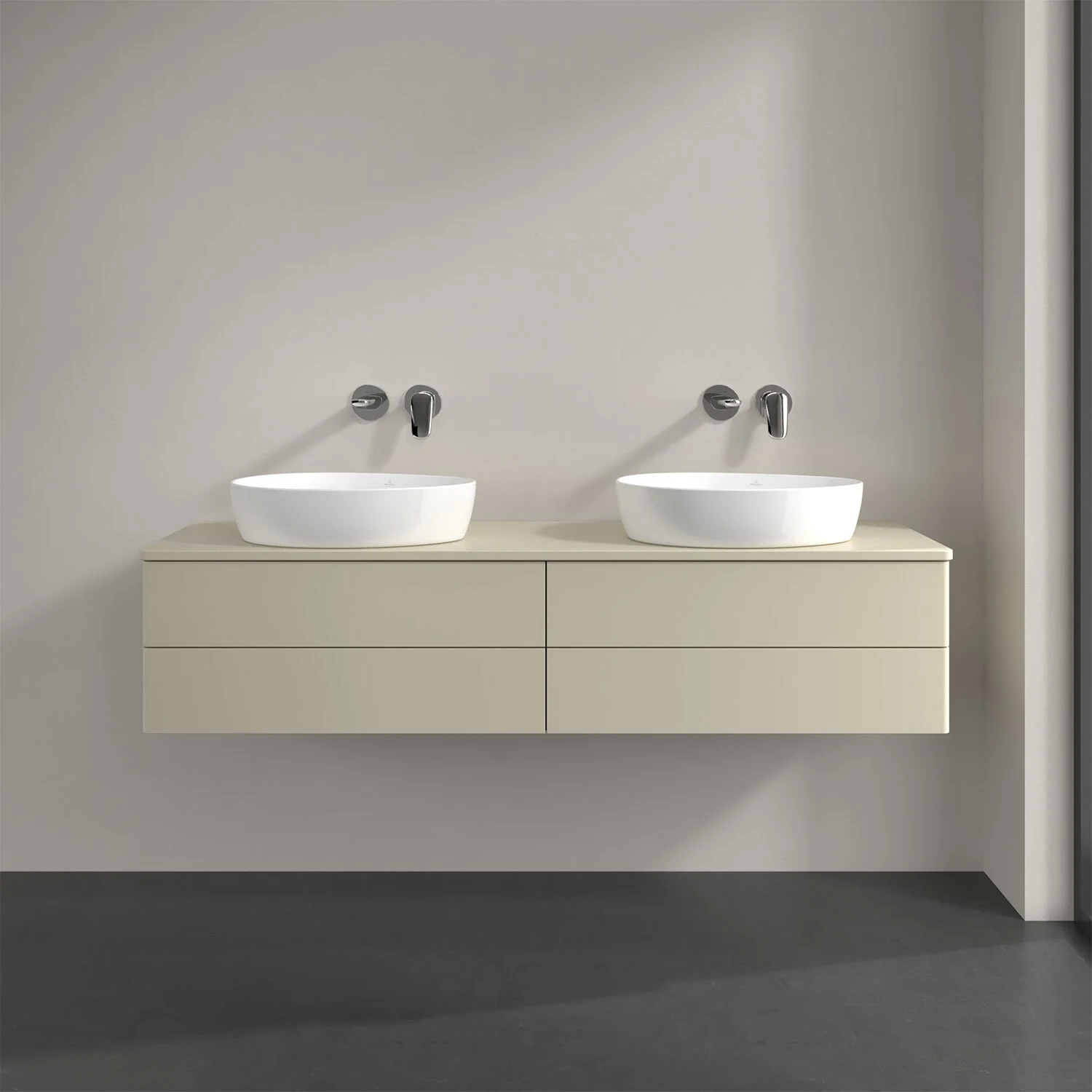 Podwójna umywalka z kremową szafką w łazience, Villeroy & Boch