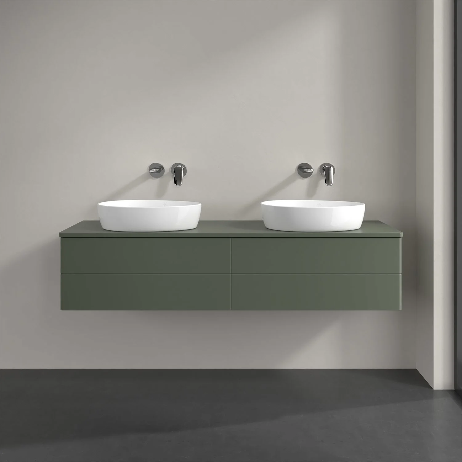 Podwójna umywalka z zieloną szafką w łazience, Villeroy & Boch