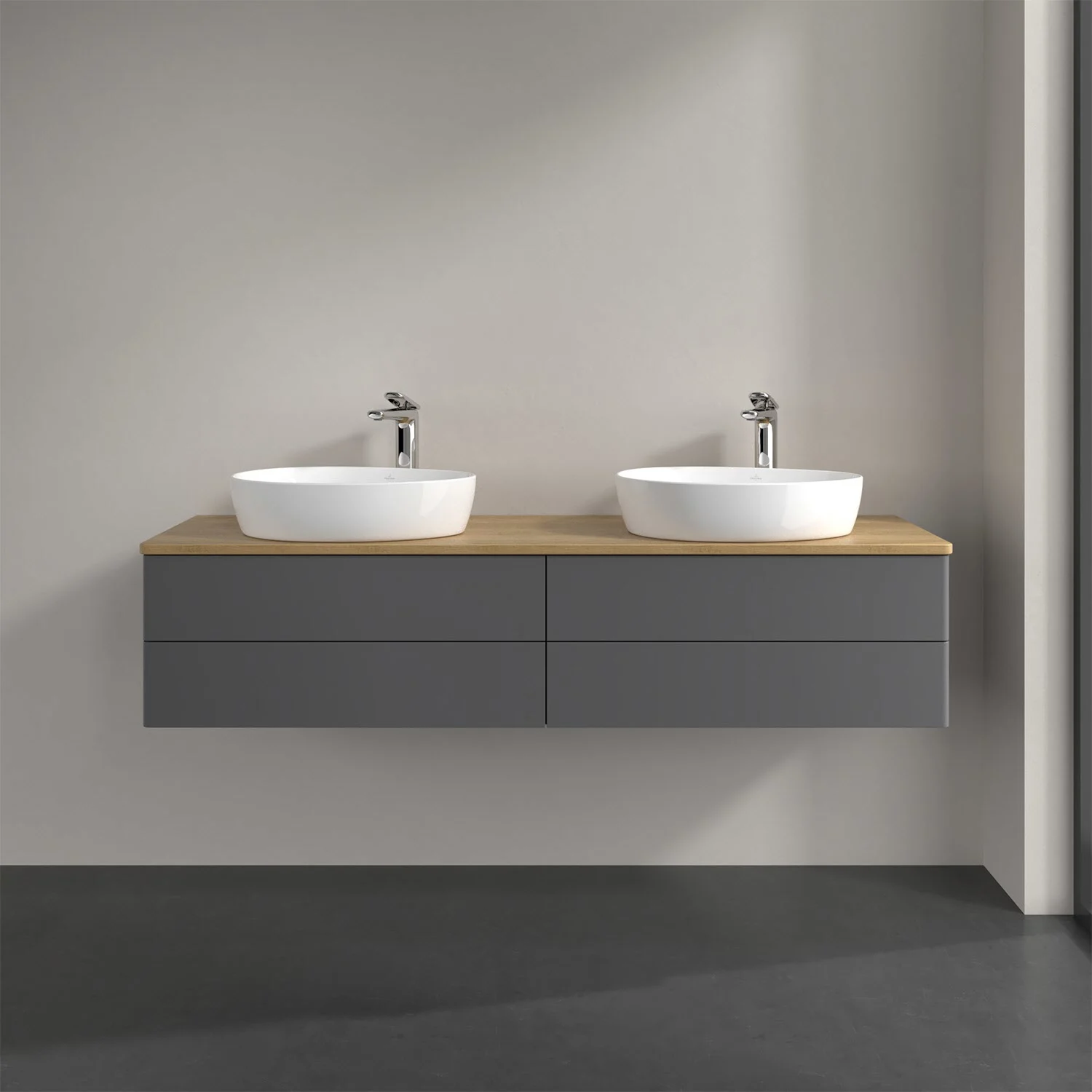 Podwójna umywalka z szarą szafką w łazience, Villeroy & Boch