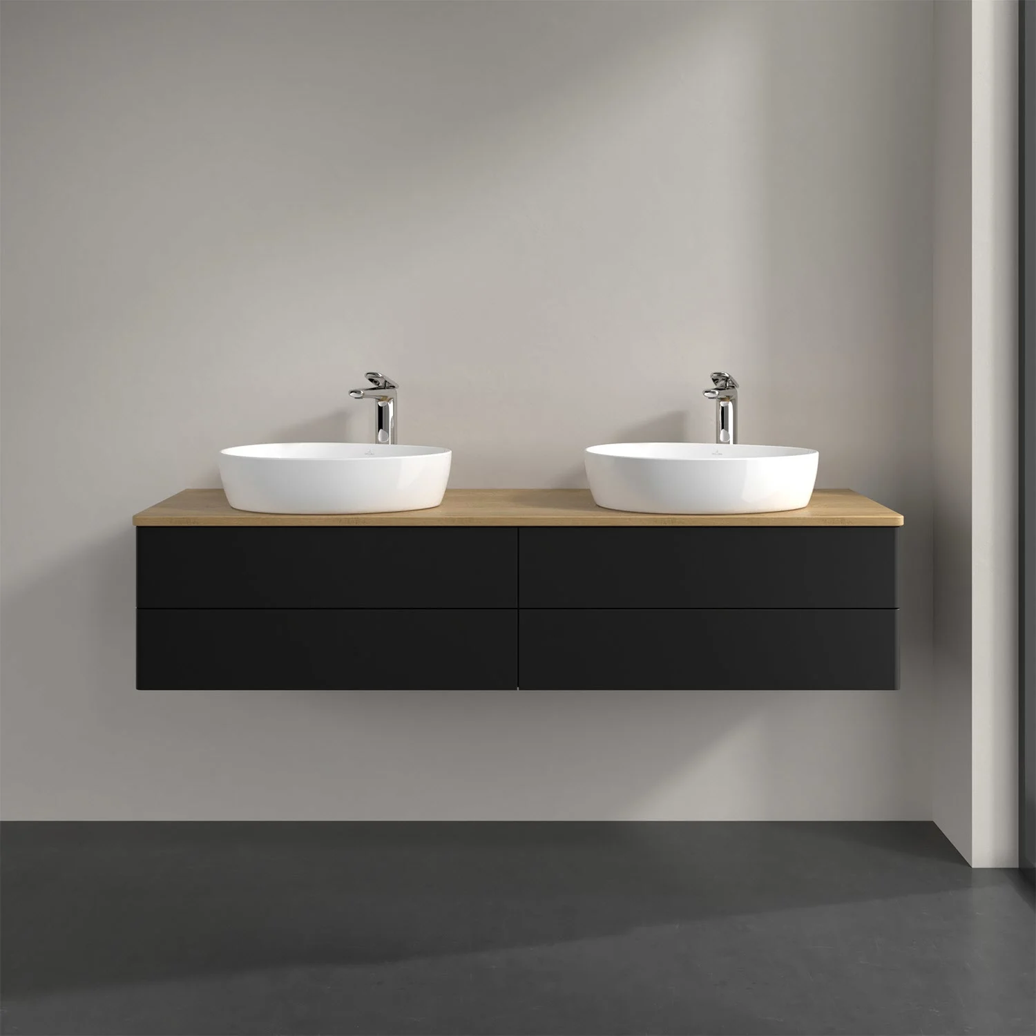 Podwójna umywalka z czarną szafką w łazience, Villeroy & Boch