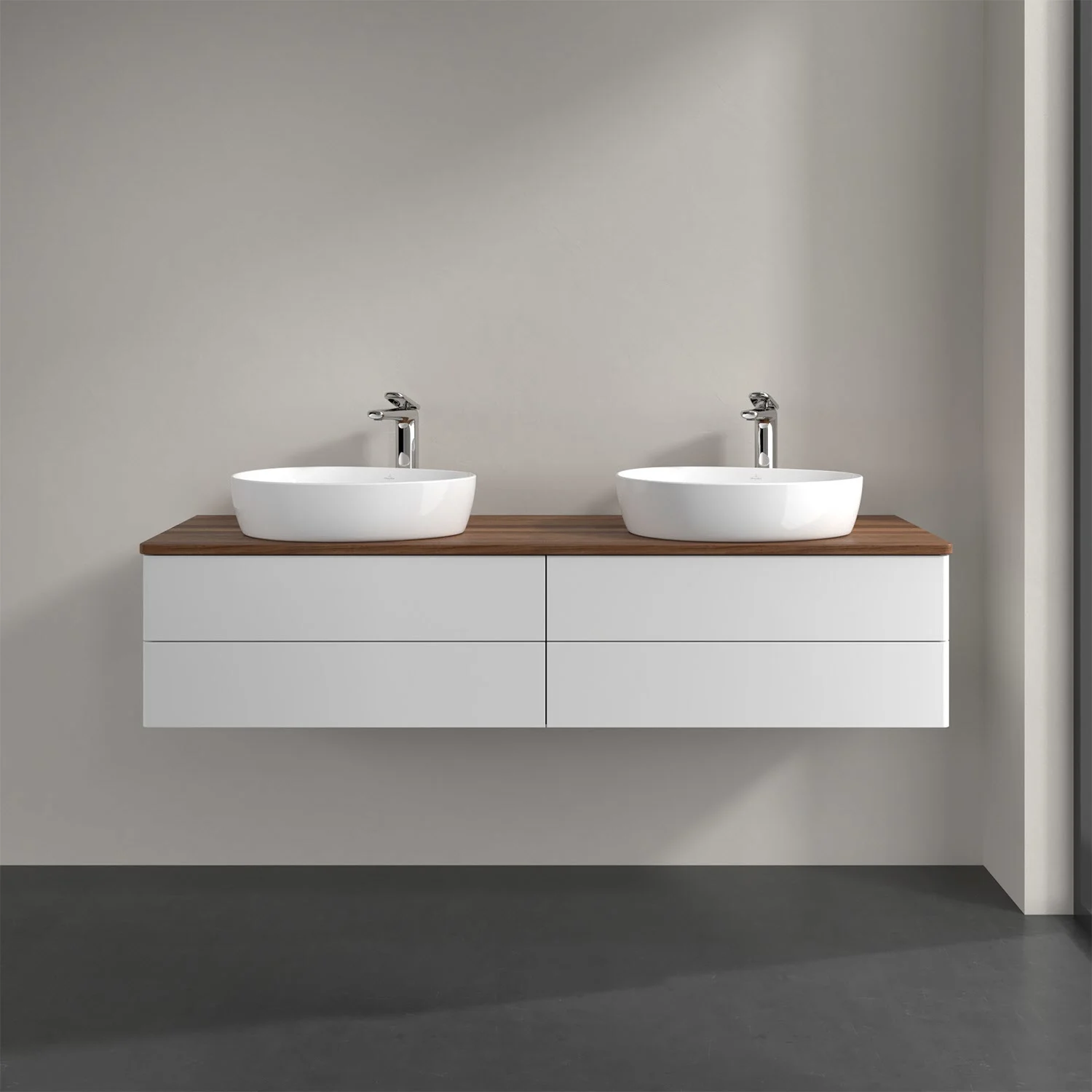 Podwójna umywalka z białą szafką w łazience, Villeroy & Boch