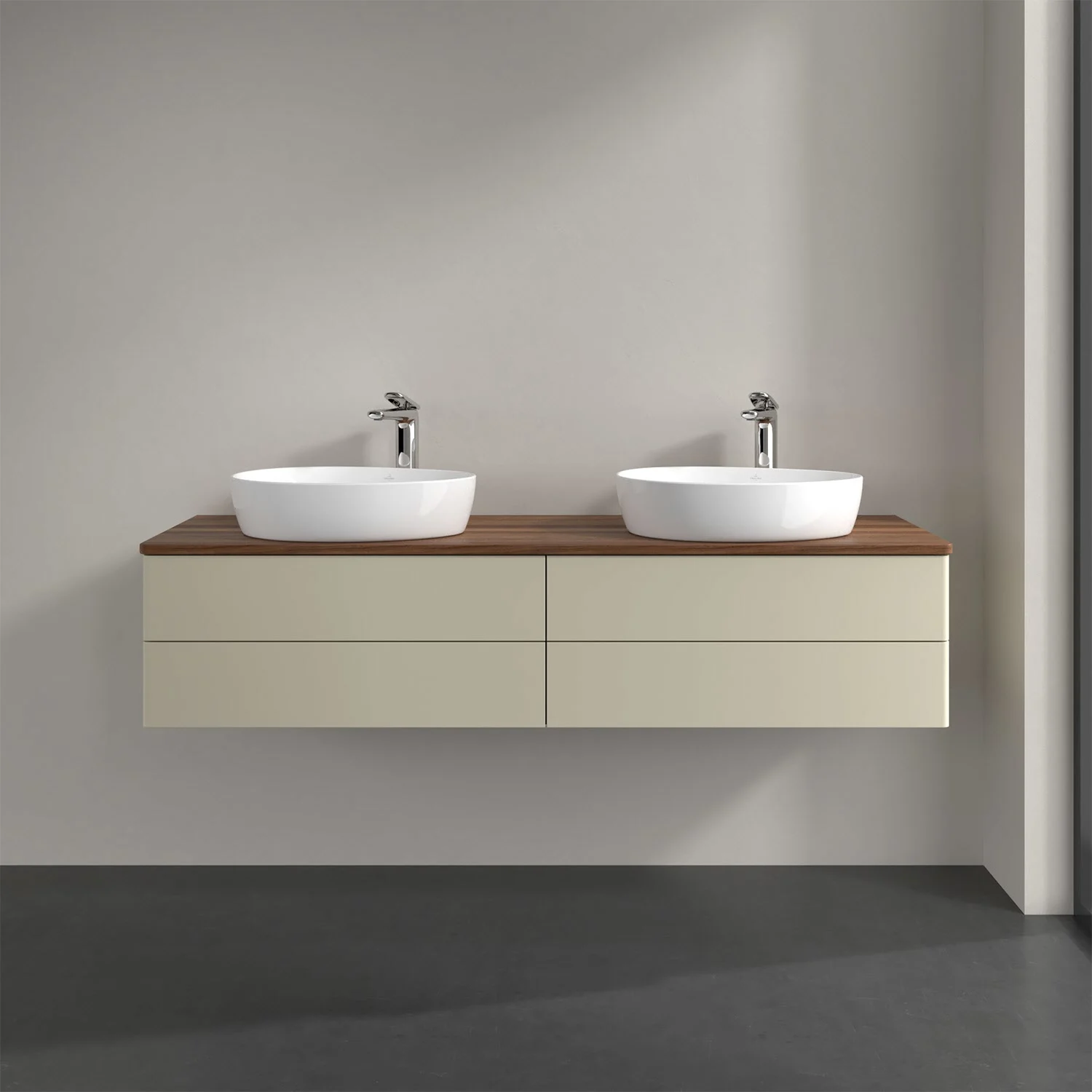 Podwójna umywalka z kremową szafką w łazience, Villeroy & Boch