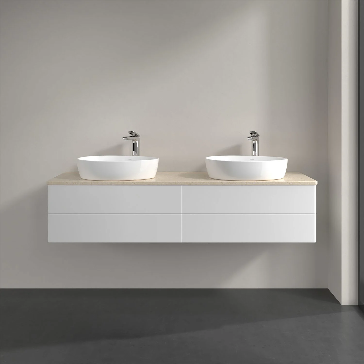 Podwójna umywalka z białą szafką w łazience, Villeroy & Boch