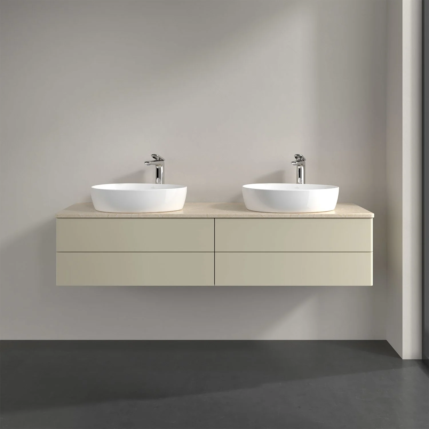 Jasna podwójna umywalka z szafką w łazience, Villeroy & Boch