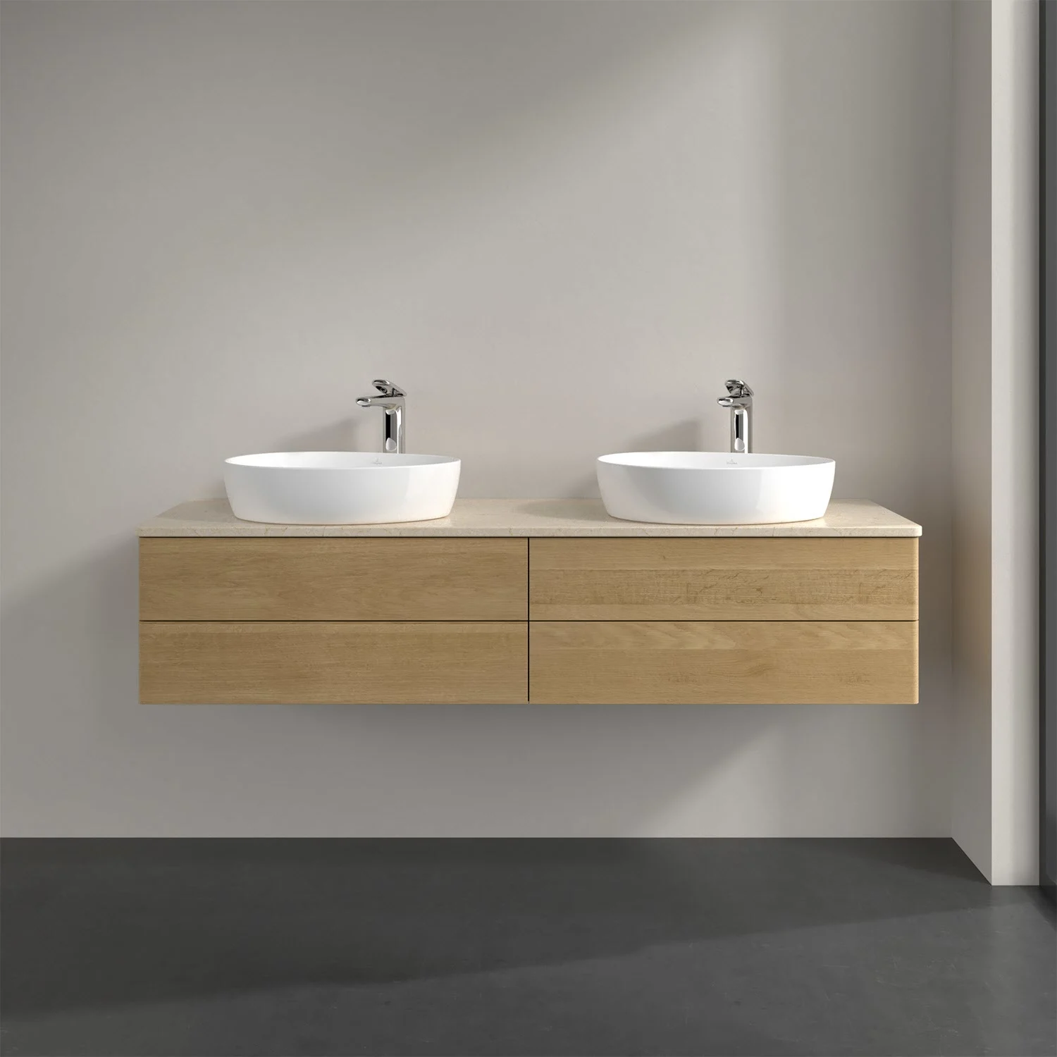 Drewniana podwójna umywalka z szafką w łazience, Villeroy & Boch