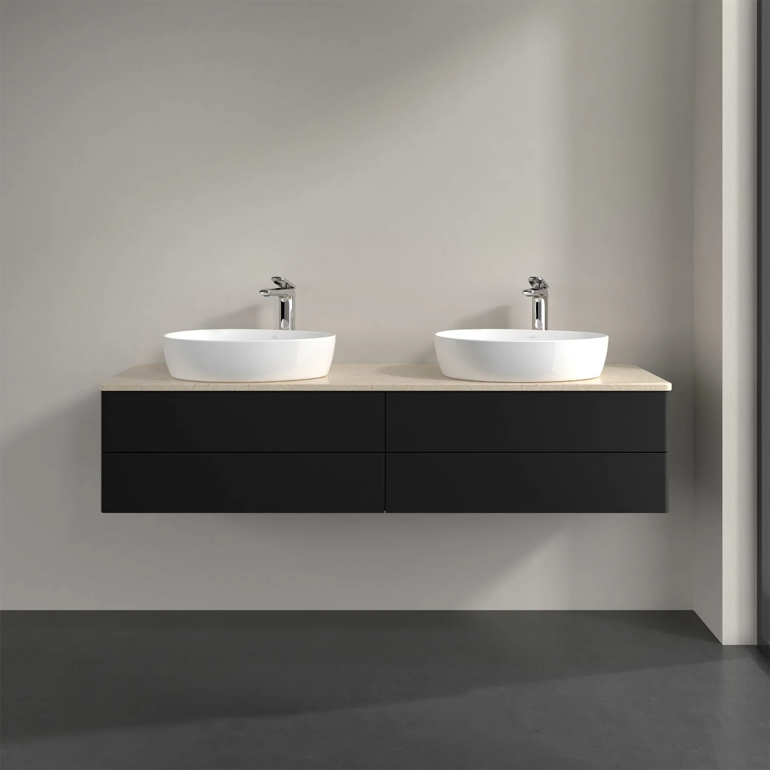 Czarna podwójna umywalka z szafką w łazience, Villeroy & Boch