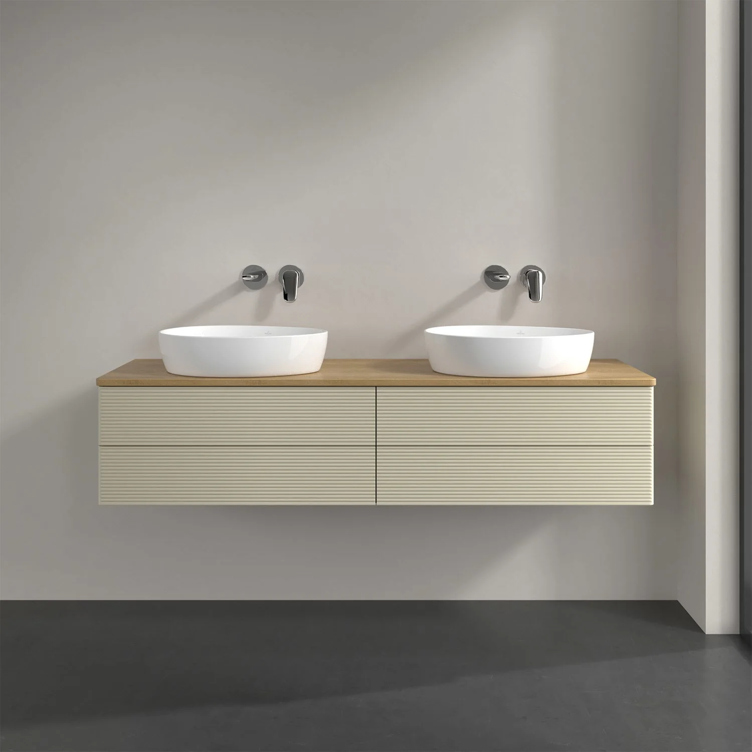 Podwójna umywalka z kremową szufladą w łazience, Villeroy & Boch