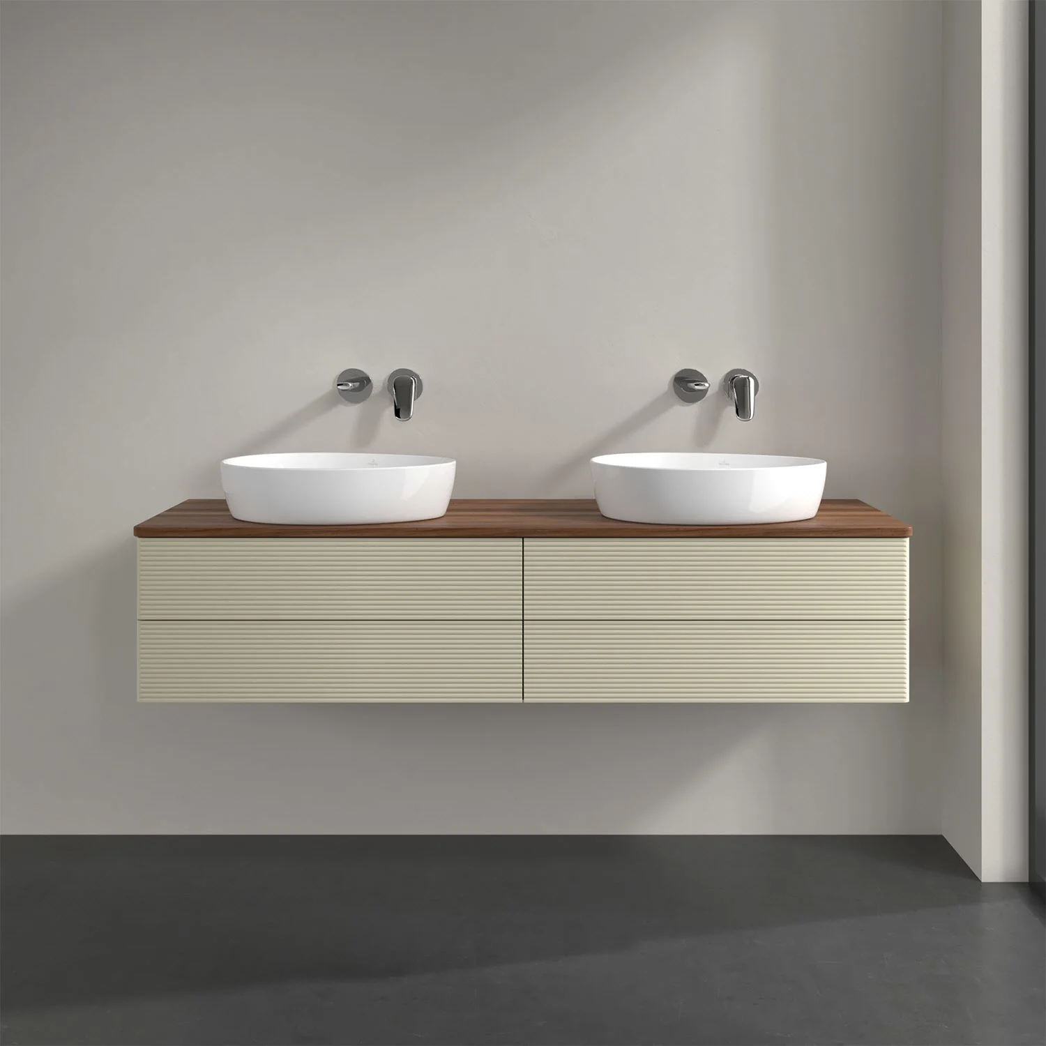 Podwójna umywalka z kremową szafką w łazience, Villeroy & Boch
