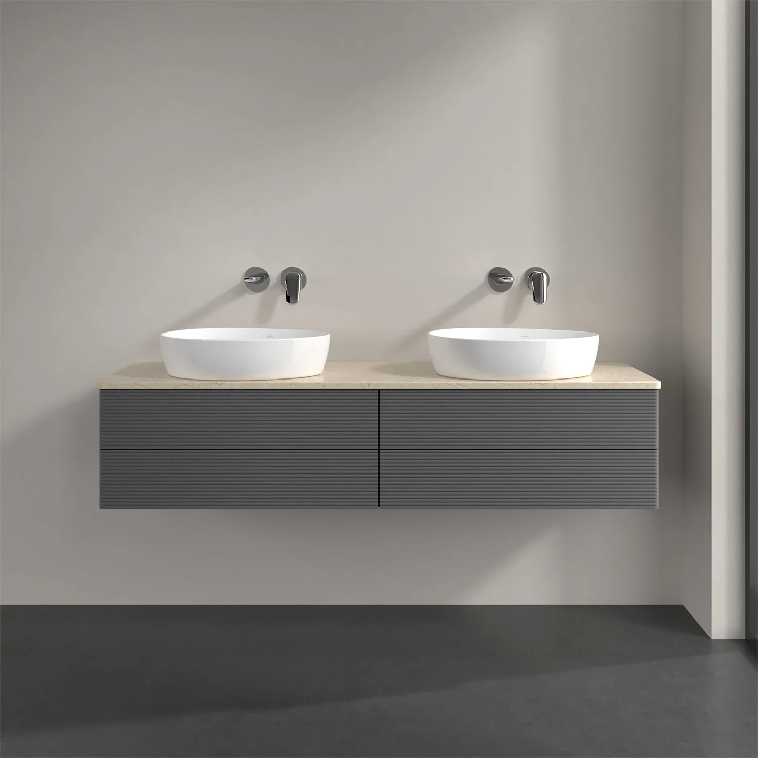Podwójna umywalka z szarą szafką w łazience, Villeroy & Boch