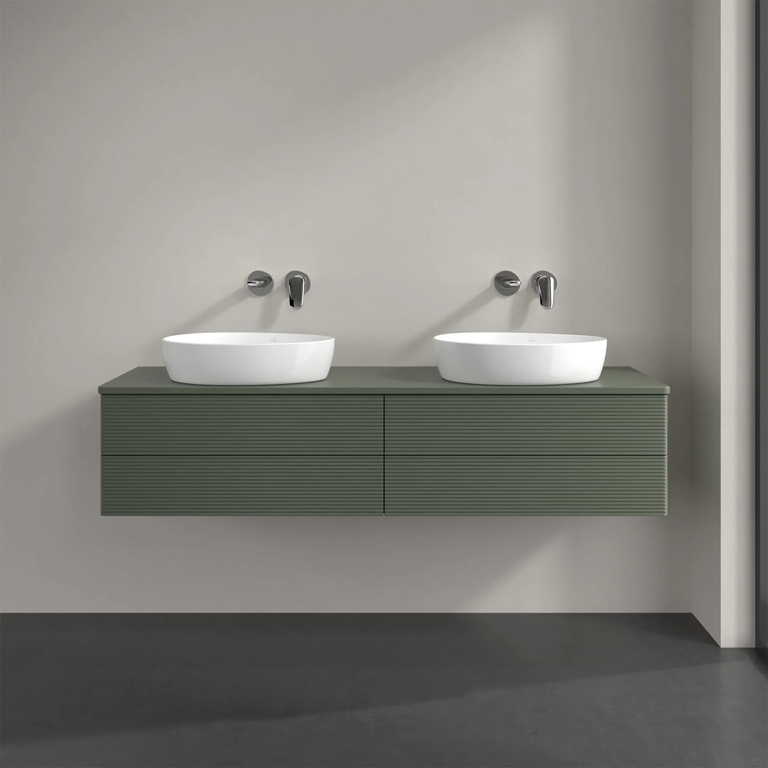 Podwójna umywalka z zieloną szafką w łazience, Villeroy & Boch
