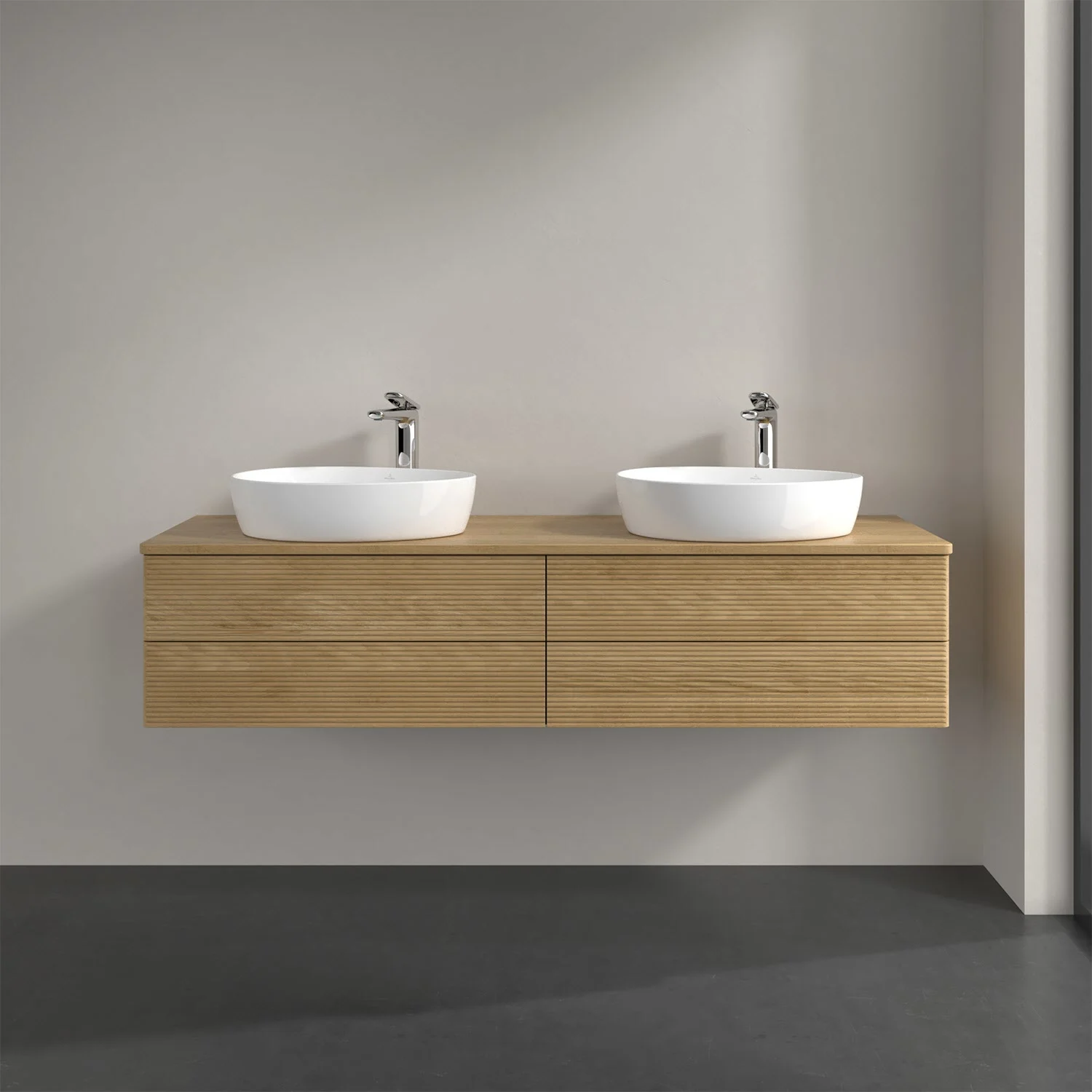 Drewniana podwójna umywalka z drewnianym blatem w łazience, Villeroy & Boch
