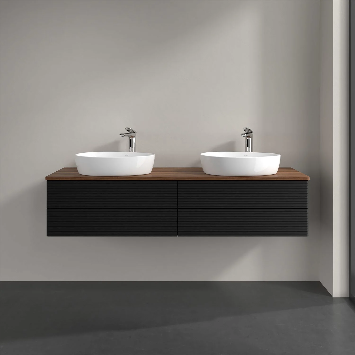 Czarna podwójna umywalka z szafką w łazience, Villeroy & Boch