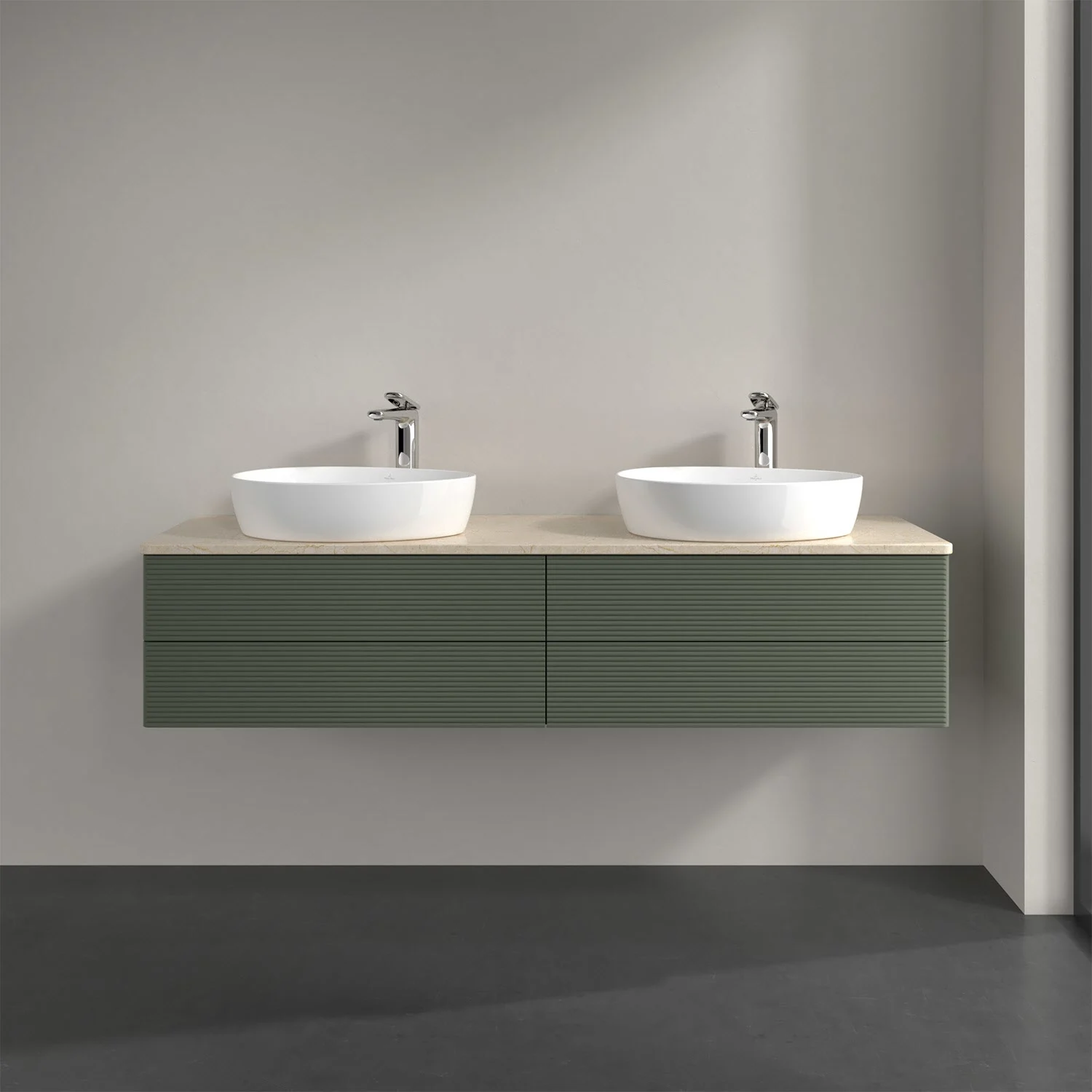 Podwójna umywalka z zieloną szafką w łazience, Villeroy & Boch