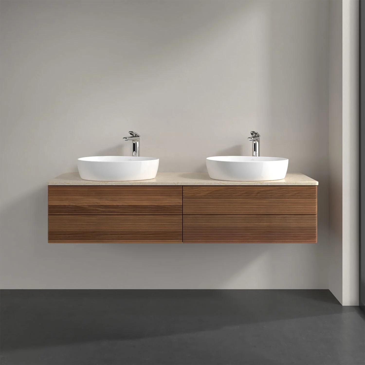 Podwójna umywalka z brązową szafką w łazience, Villeroy & Boch