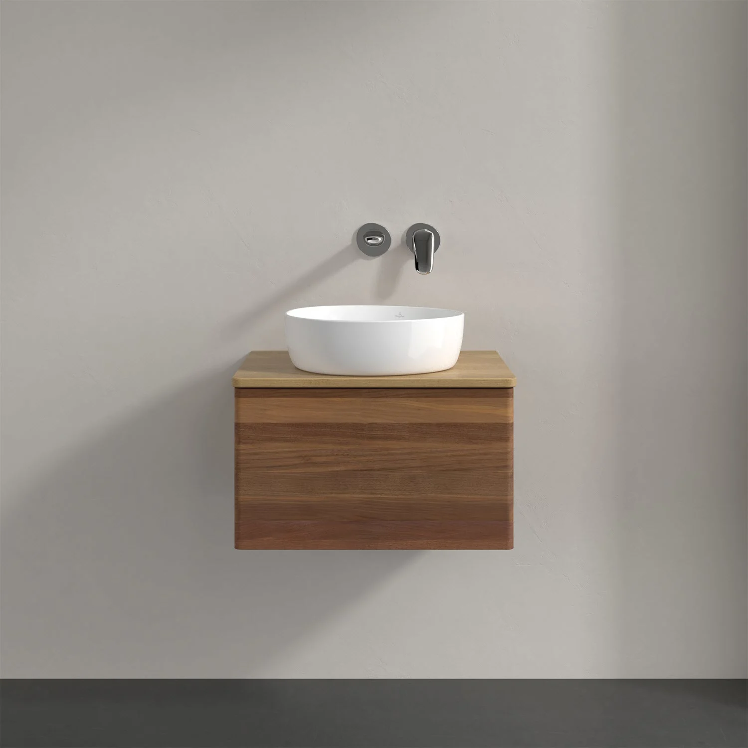 Umywalka z drewnianą szafką z bliska, Villeroy & Boch