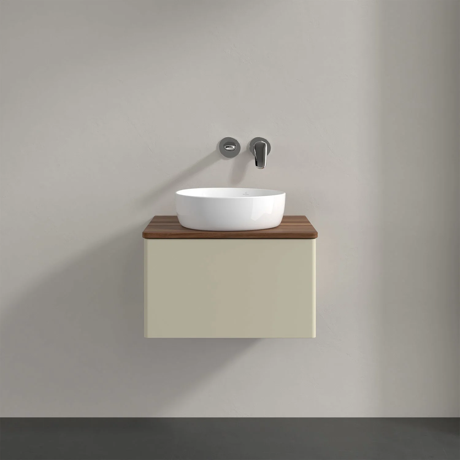 Umywalka z drewnianym blatem i białą umywalką, Villeroy & Boch