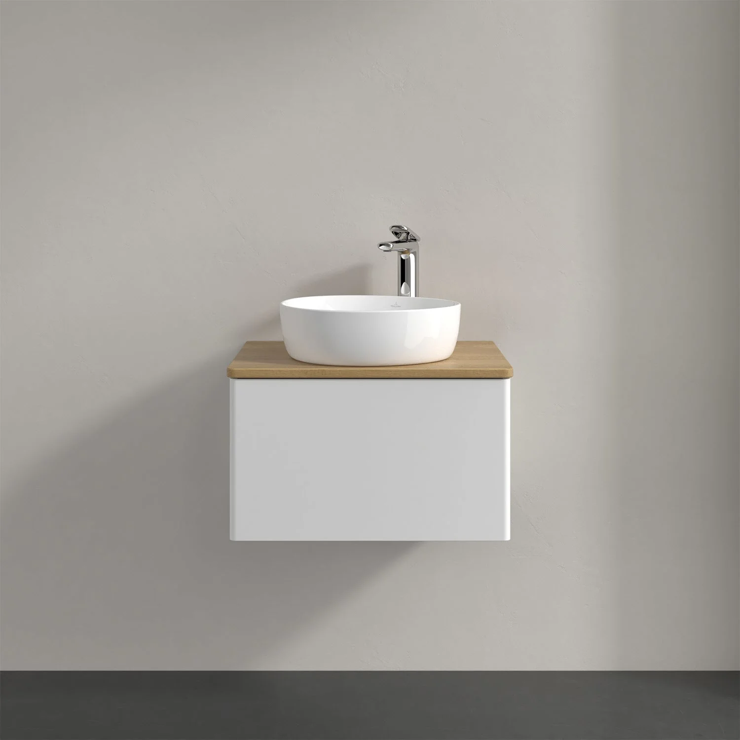 Umywalka z białą szafką i nablatową umywalką, Villeroy & Boch