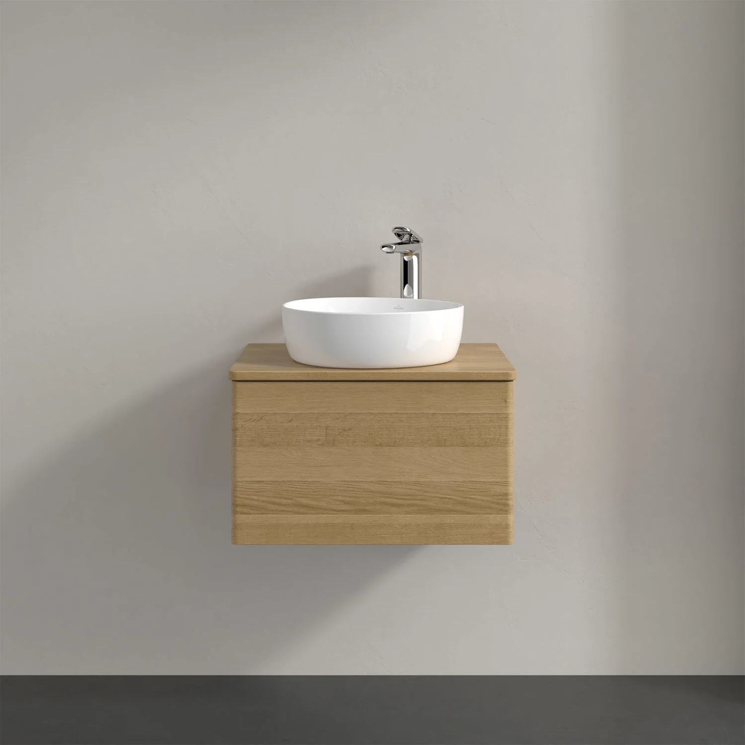 Umywalka z drewnianym wyglądem i białą umywalką, Villeroy & Boch