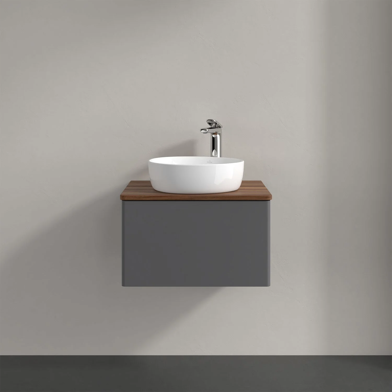 Umywalka z szarą szafką i białą umywalką, Villeroy & Boch