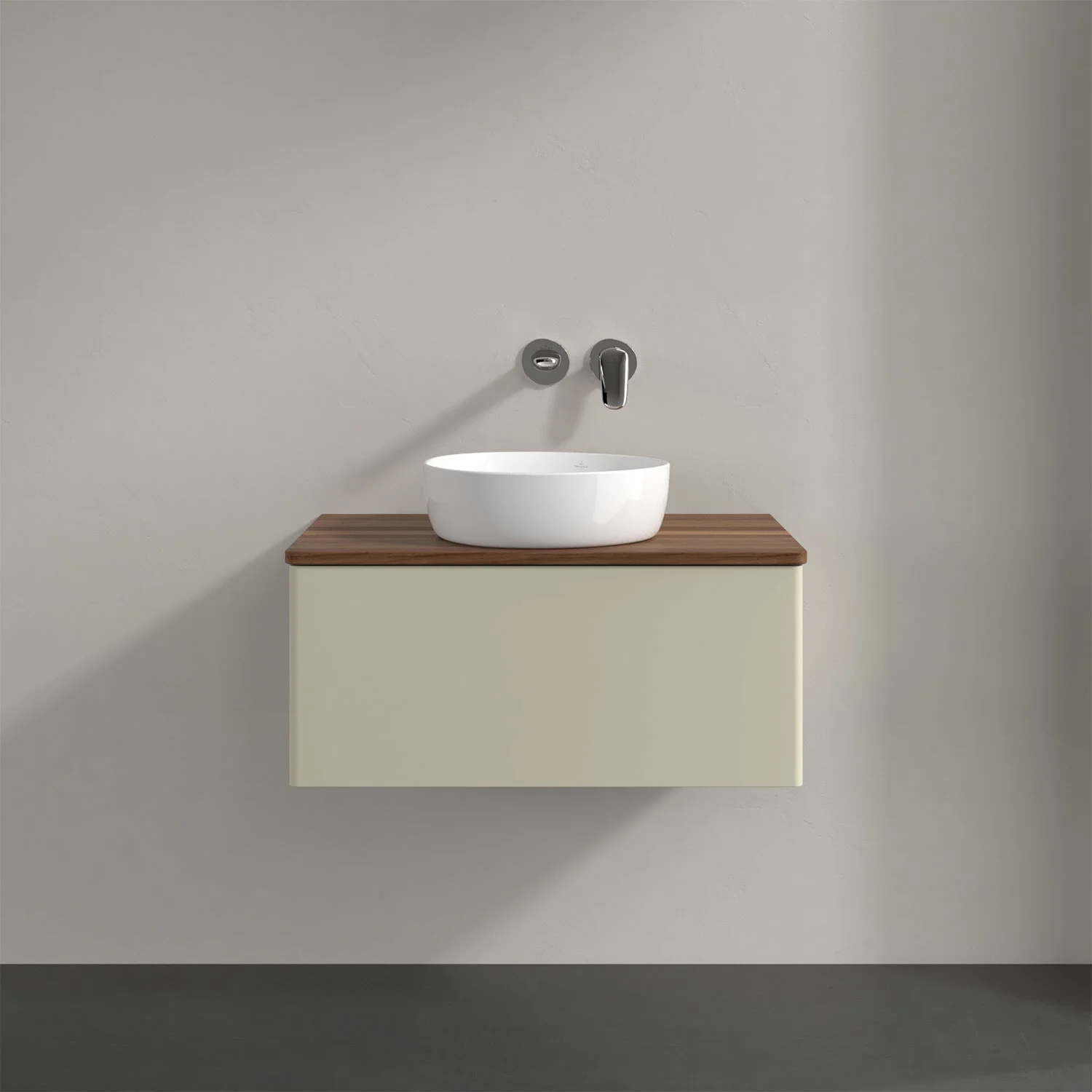 Umywalka z kremową szafką i drewnianym blatem, Villeroy & Boch