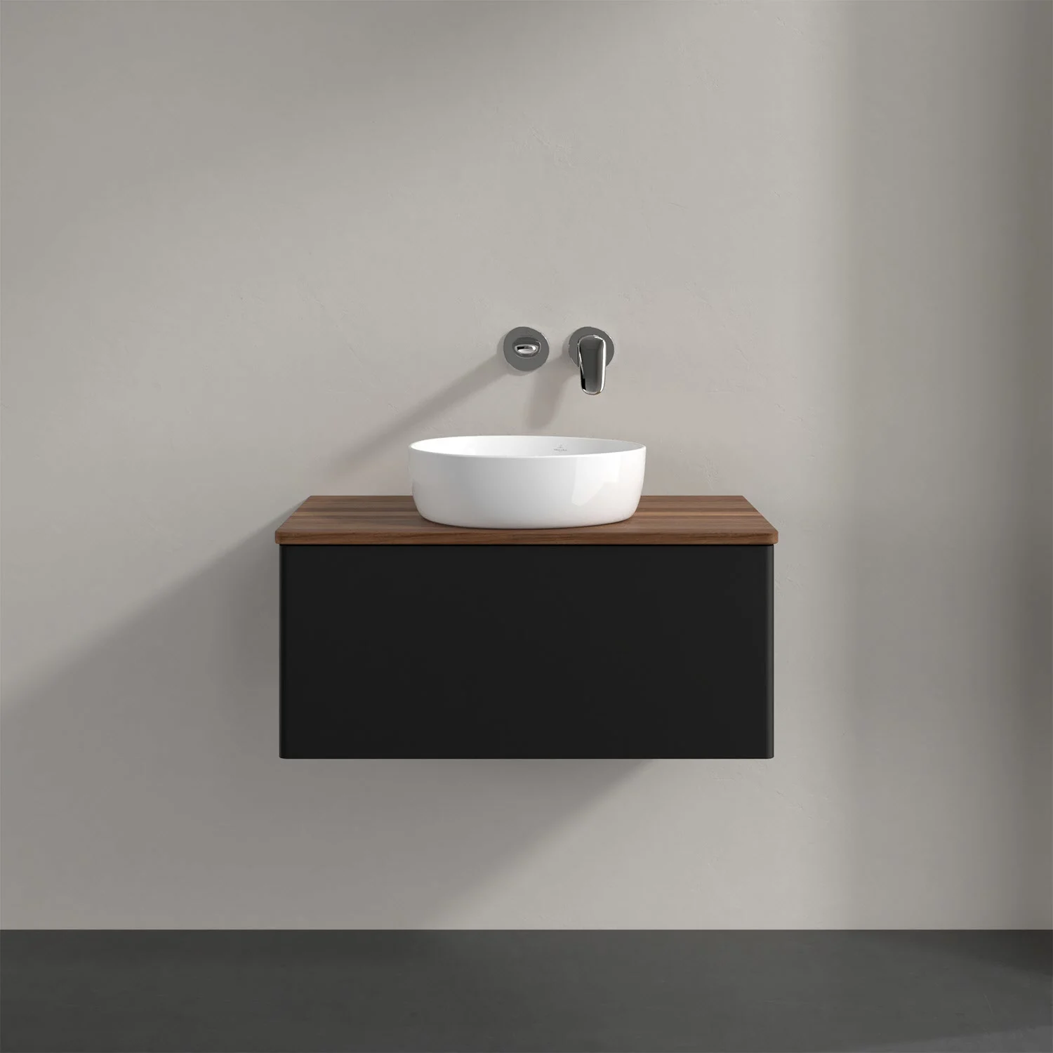 Umywalka z ciemną szafką i białą misą, Villeroy & Boch