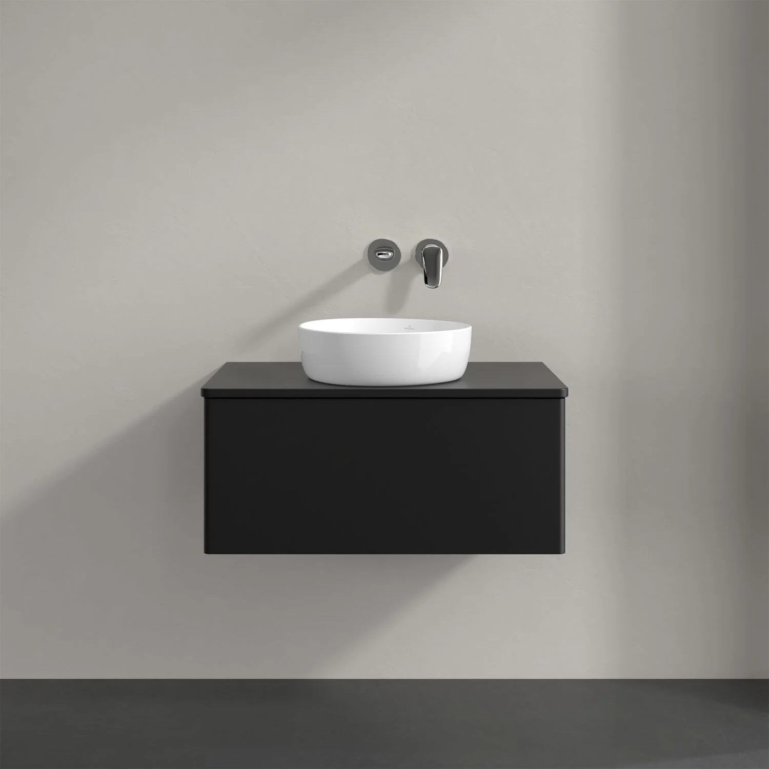 Umywalka z czarną szafką i baterią, Villeroy & Boch