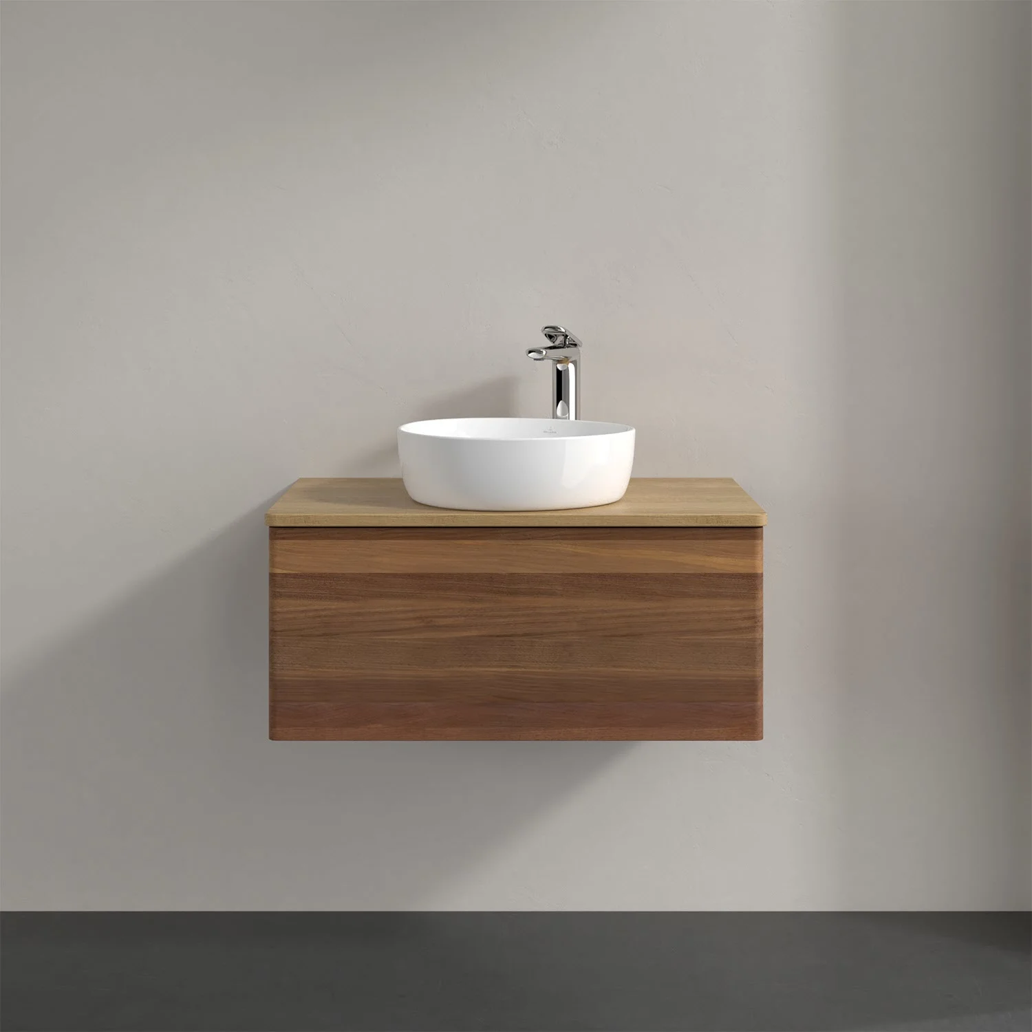 Umywalka z orzechowym drewnem i białą umywalką, Villeroy & Boch