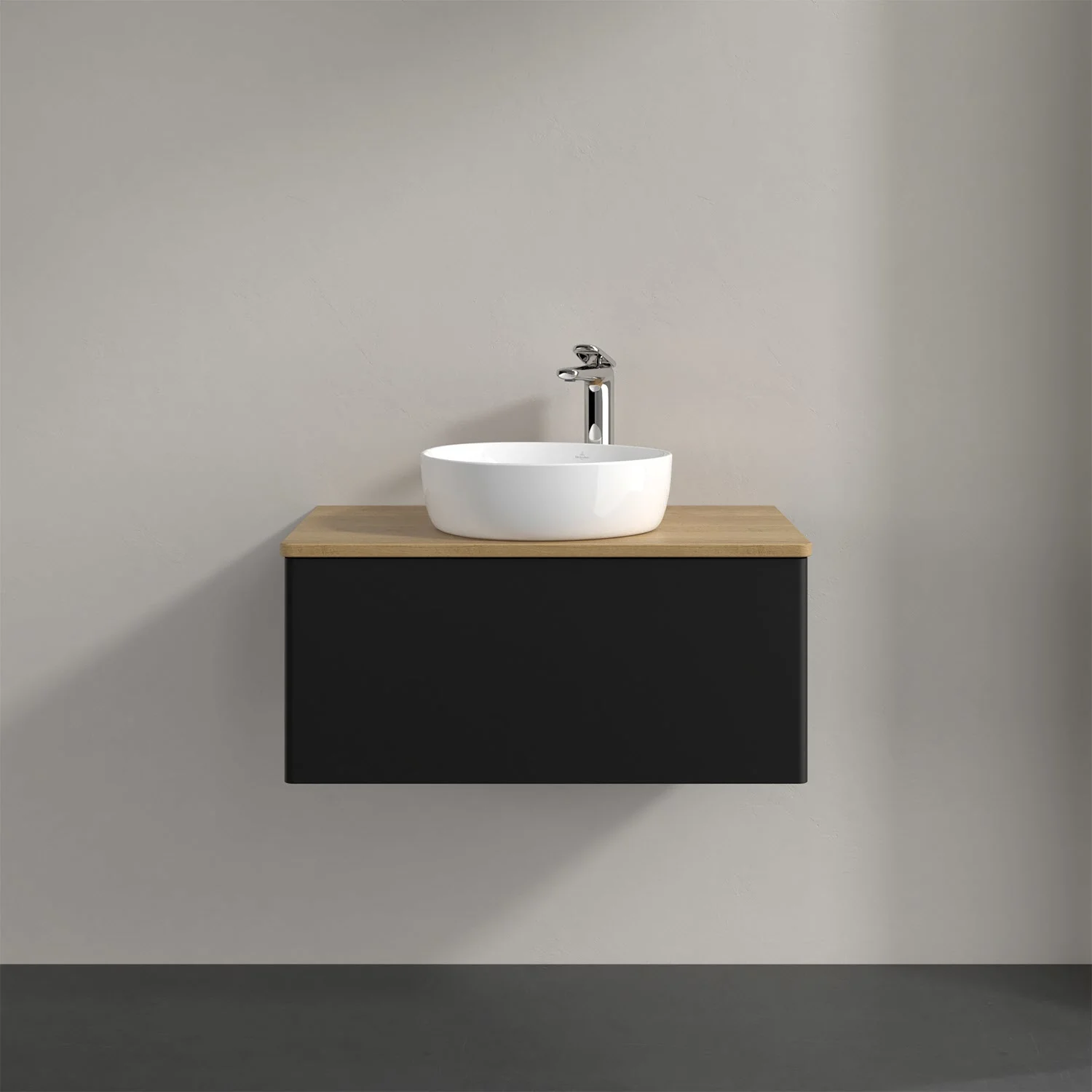 Umywalka z czarnym drewnem i białą umywalką, Villeroy & Boch