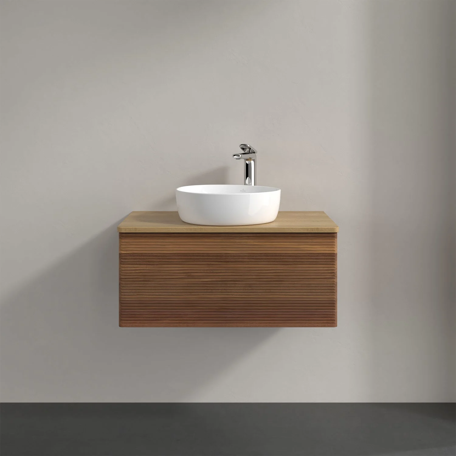 Umywalka z drewnianym frontem i białą umywalką, Villeroy & Boch